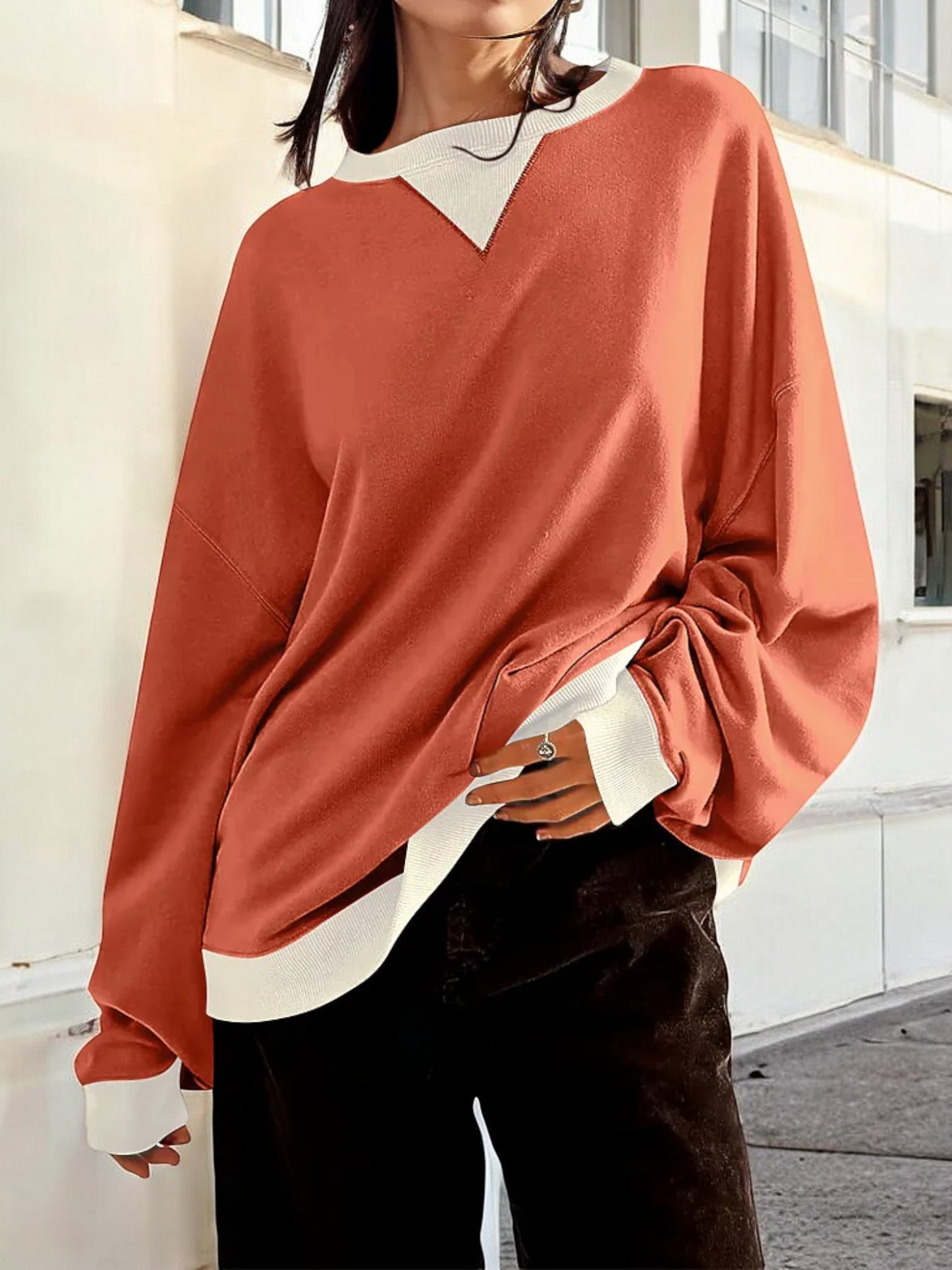 Anna-Kaci Women's Contrast Trim Crew Neck Sweatshirt with Long Sleeves and Relaxed Fit