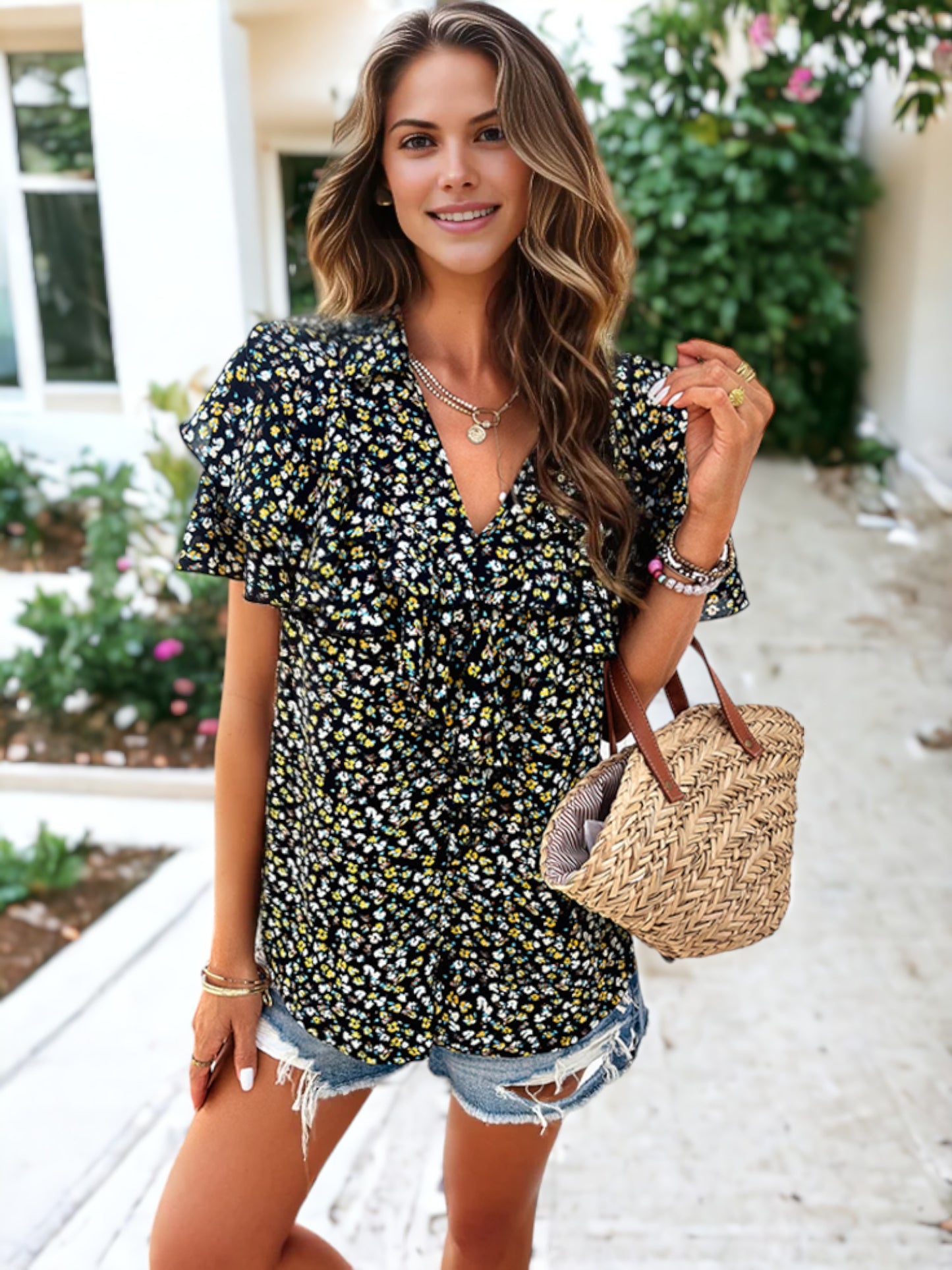 Collar Neck Ruffle Detail Short Sleeve Floral Printed Blouse