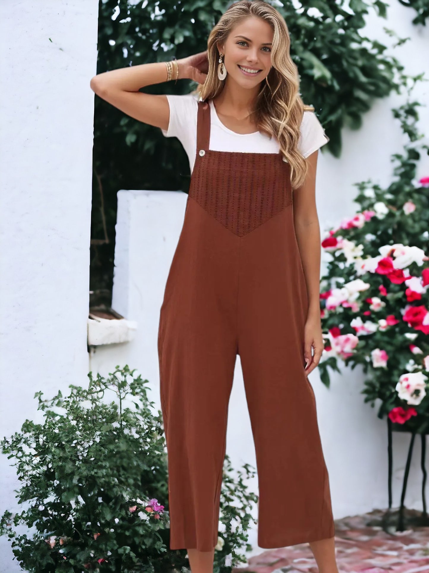 Solid Color Eyelet Detail Overalls