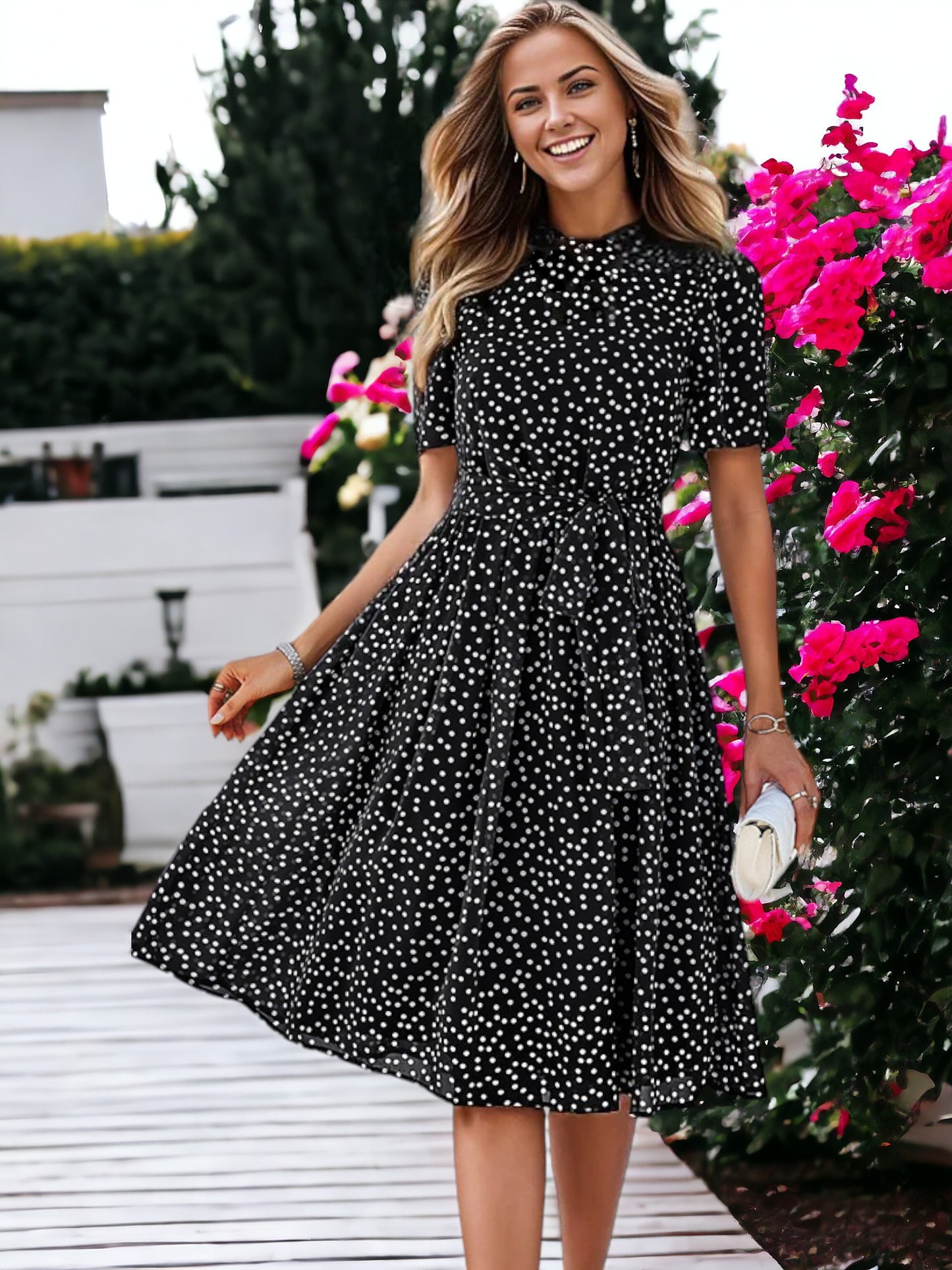 Printed Round Neck Short Sleeved Waist Tie Dress