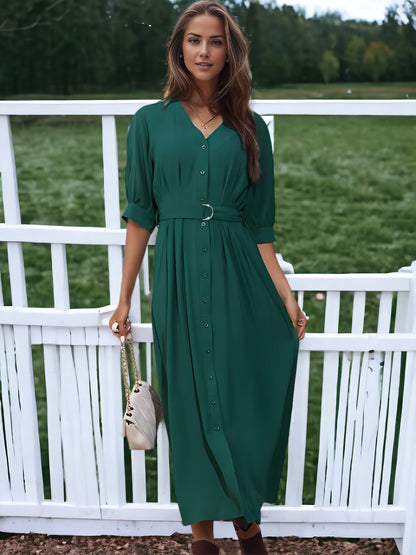 Mid Sleeve Green Button Down V-Neck Belted Dress
