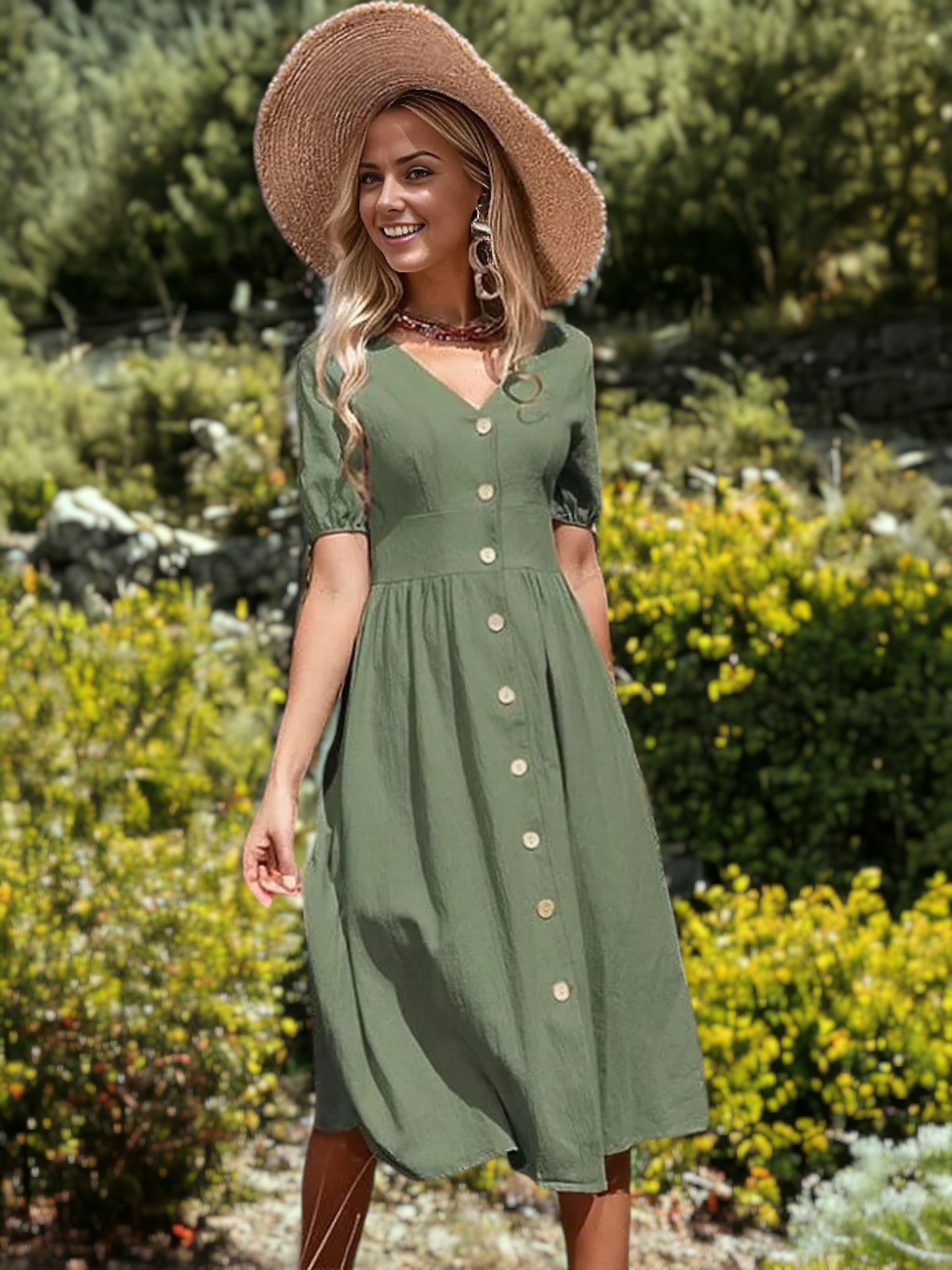 Vestido informal de manga corta con lazo, largo midi, abotonado y corte A