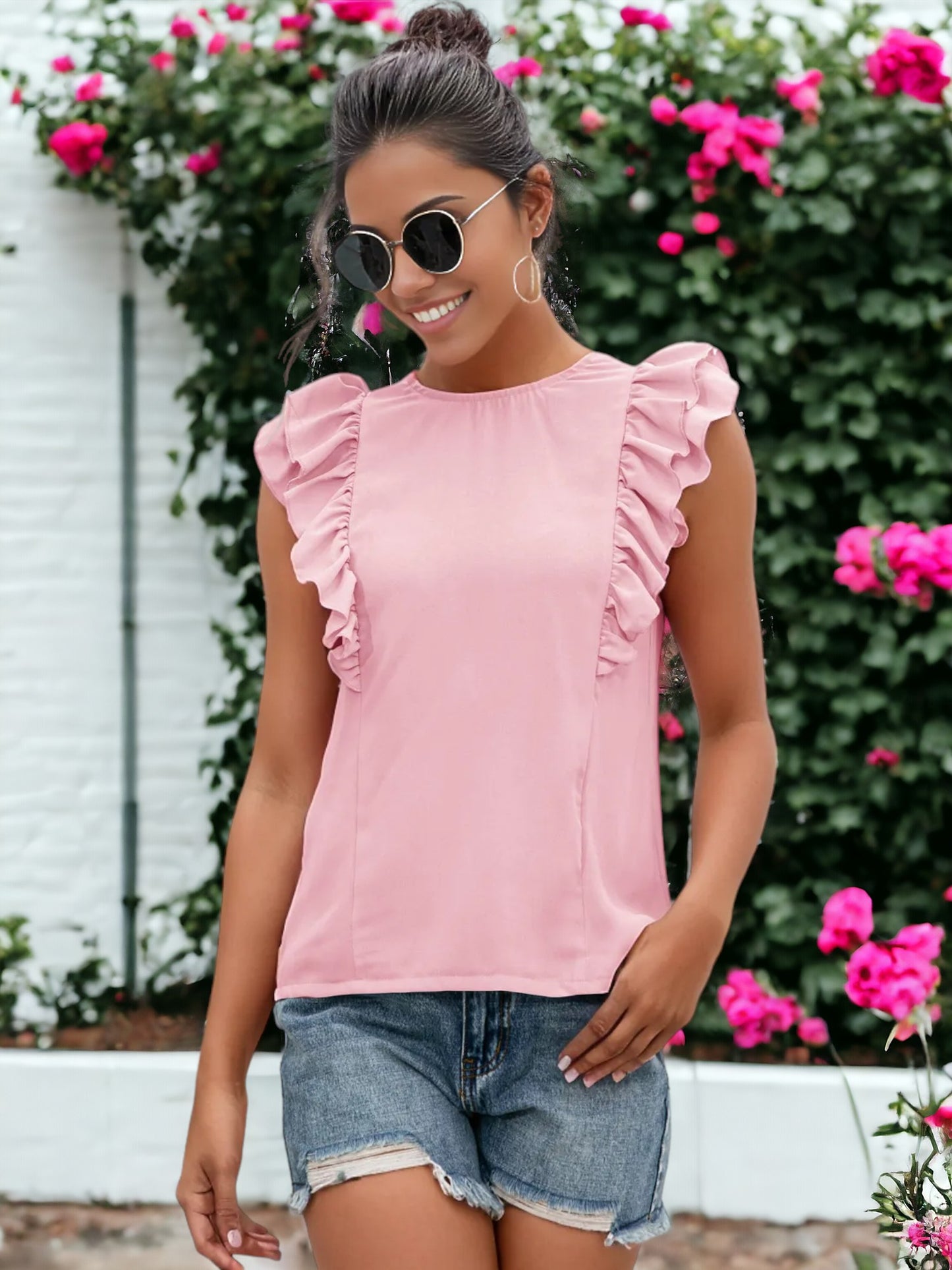 Ruffle Sleeveless Tied Open Back Blouse