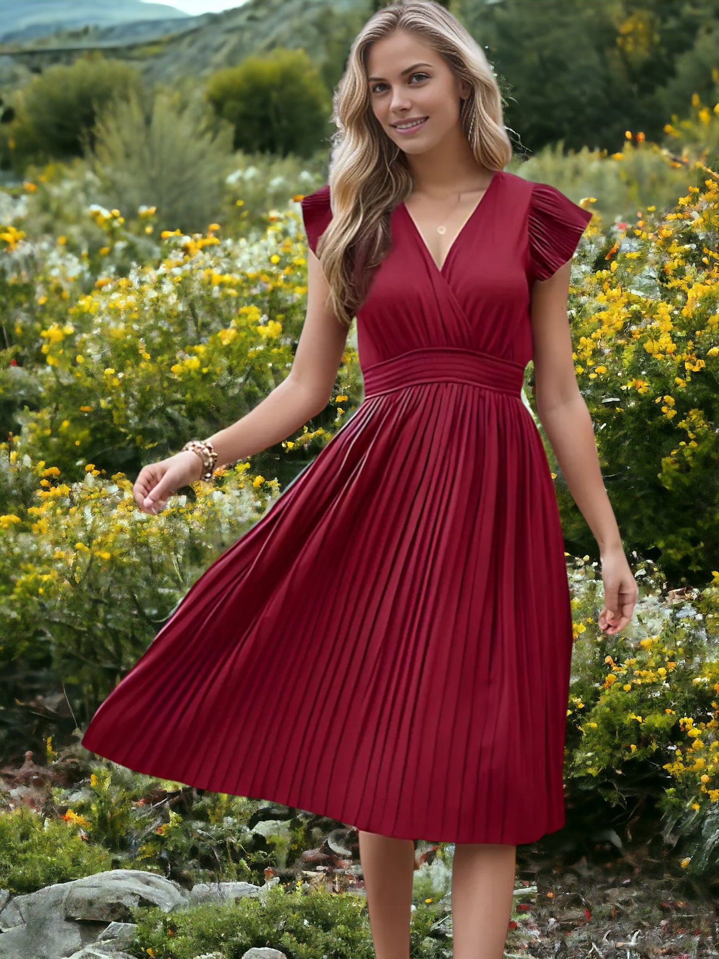 Vestido midi plisado con escote en V y cintura fruncida