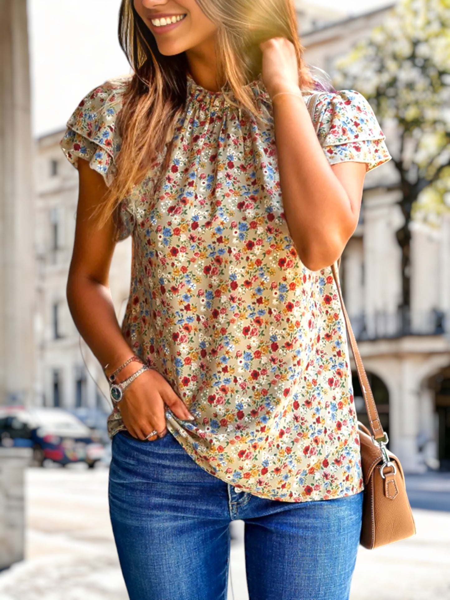 High Neck Tiered Sleeve Blouse