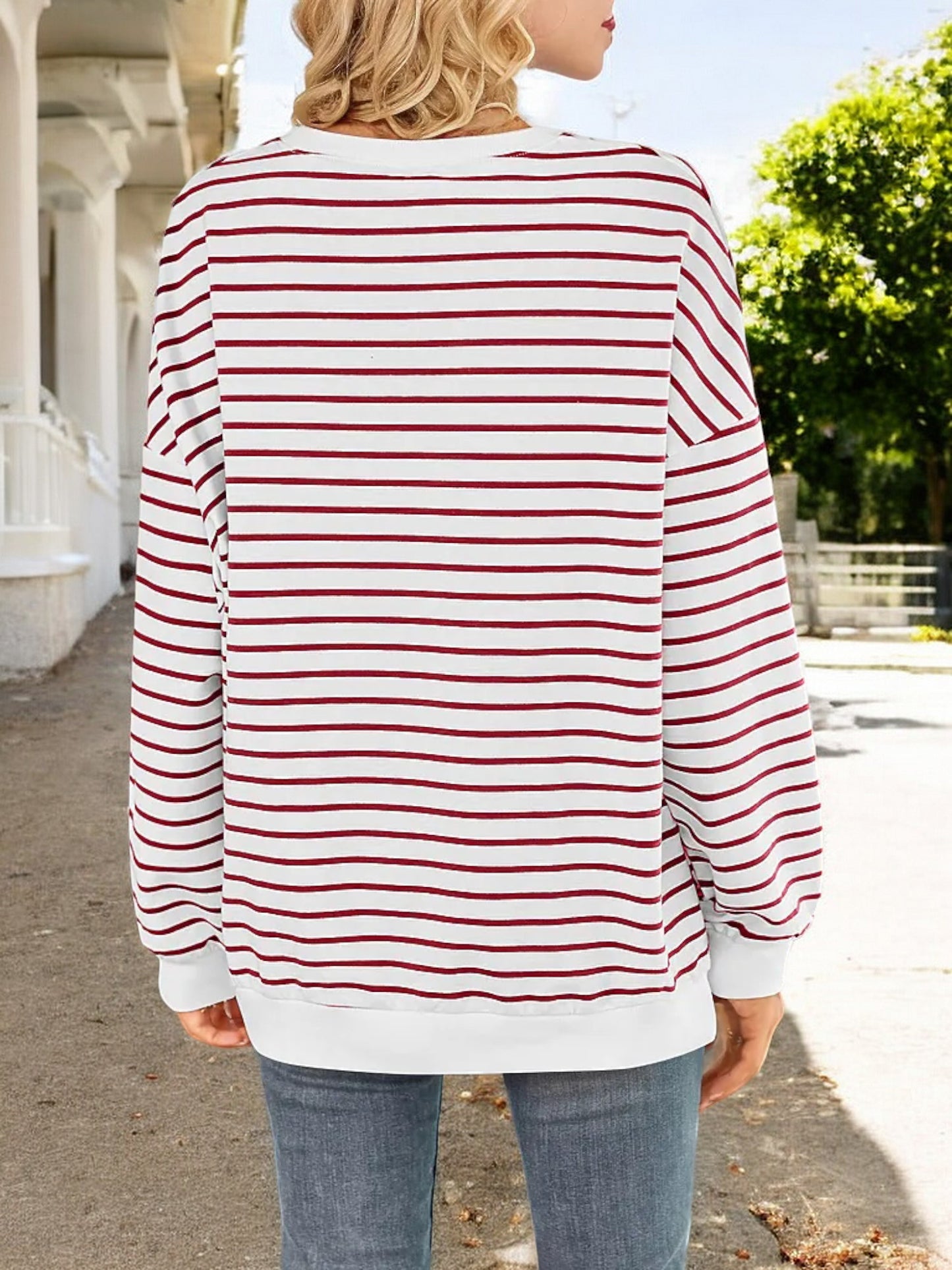 Anna-Kaci Women's Striped Long Sleeve Crew Neck Top with Drop Shoulder Design