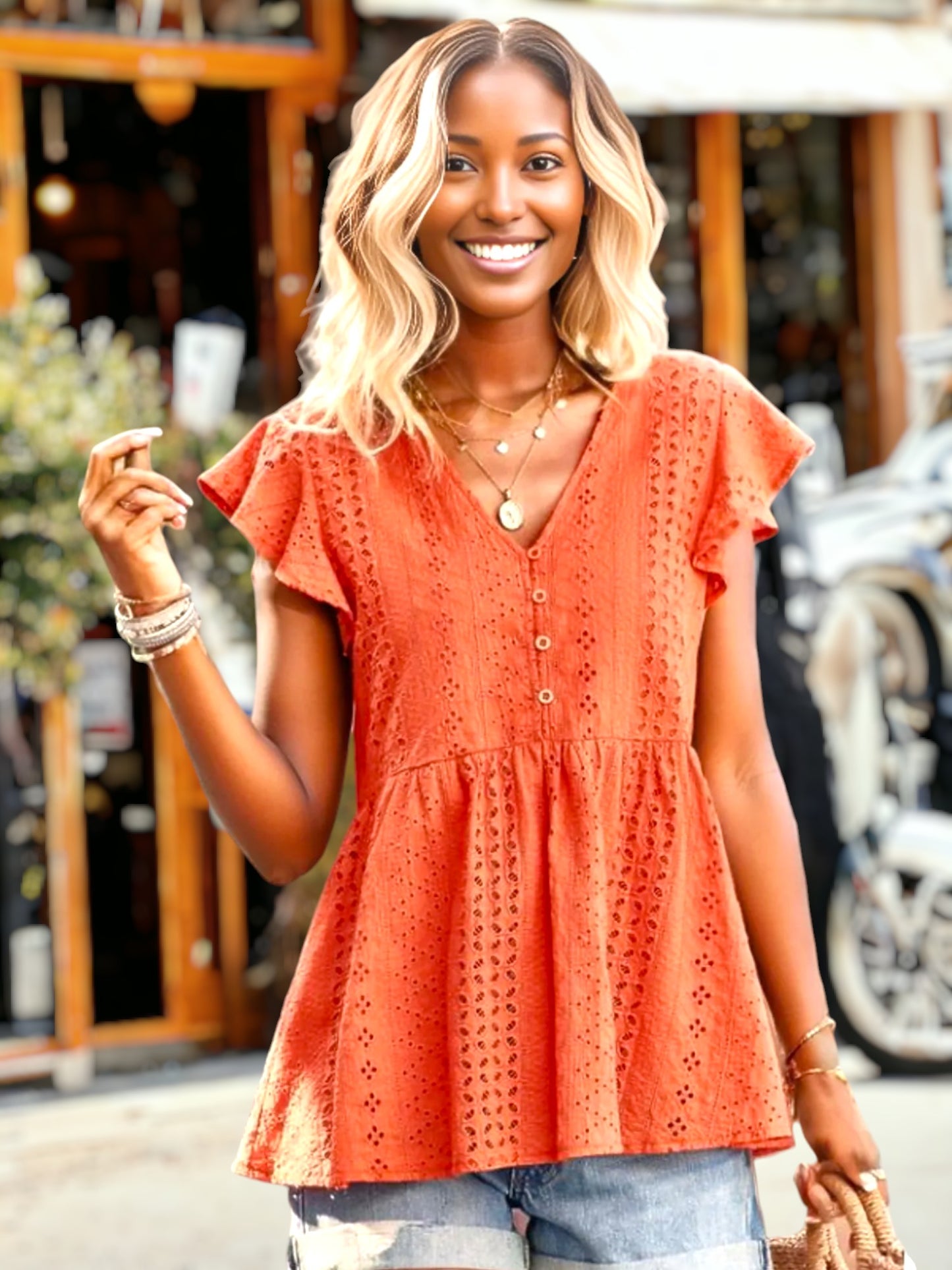 Eyelet Flutter Sleeve Blouse
