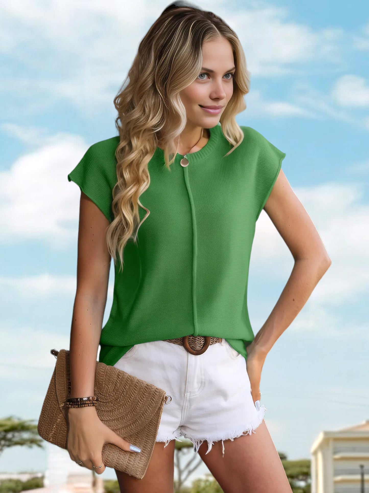 Anna-Kaci Women's Short Sleeve Top with Keyhole Button Detail and Cap Sleeves