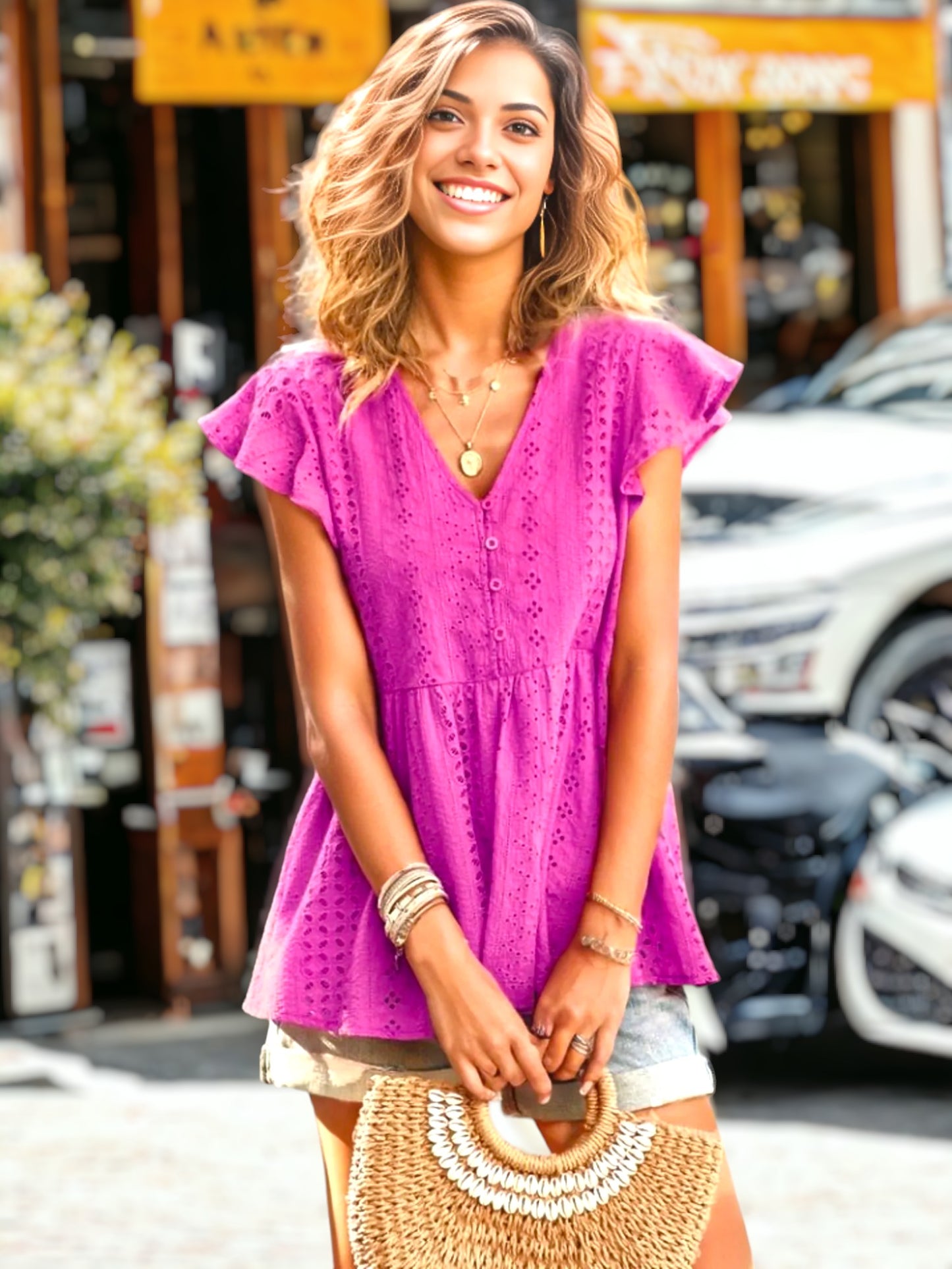 Eyelet Flutter Sleeve Blouse