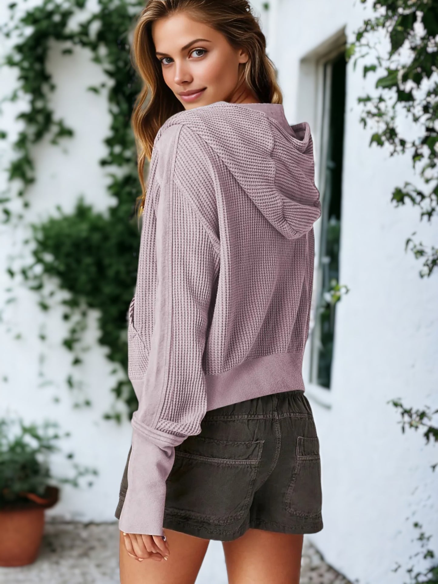 Waffle Knit Button Neck Jacket