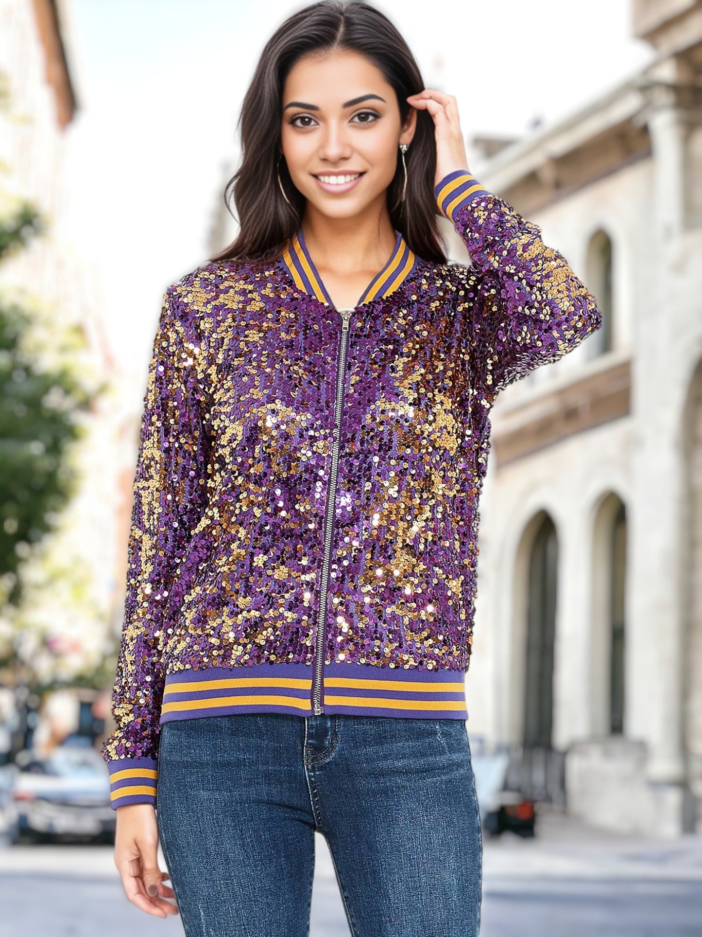 Sequin Stripe Cuff Bomber Zip-Up Jacket Varsity