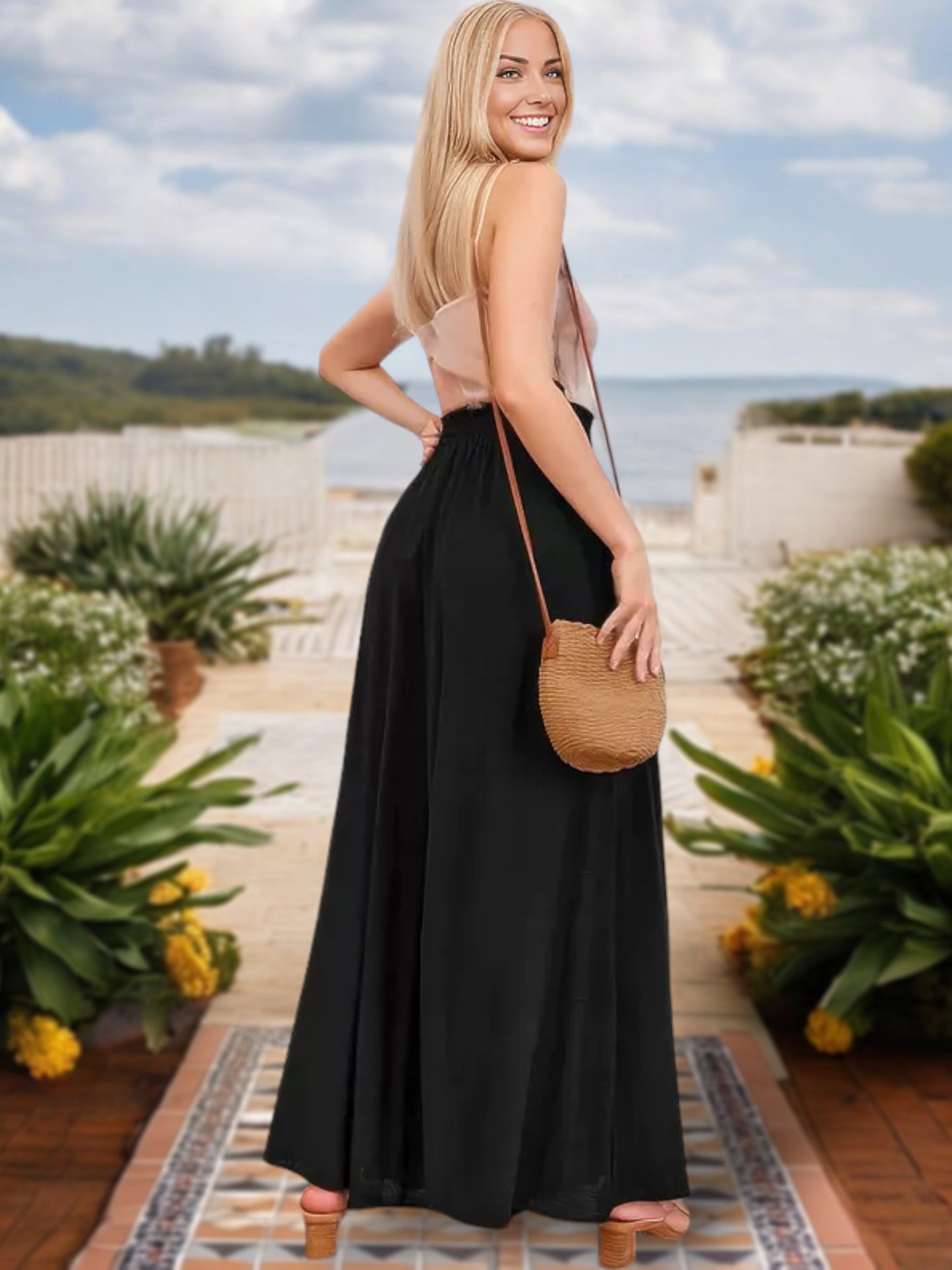 Anna-Kaci Women's High Waist Wide Leg Pants with Drawstring Waist