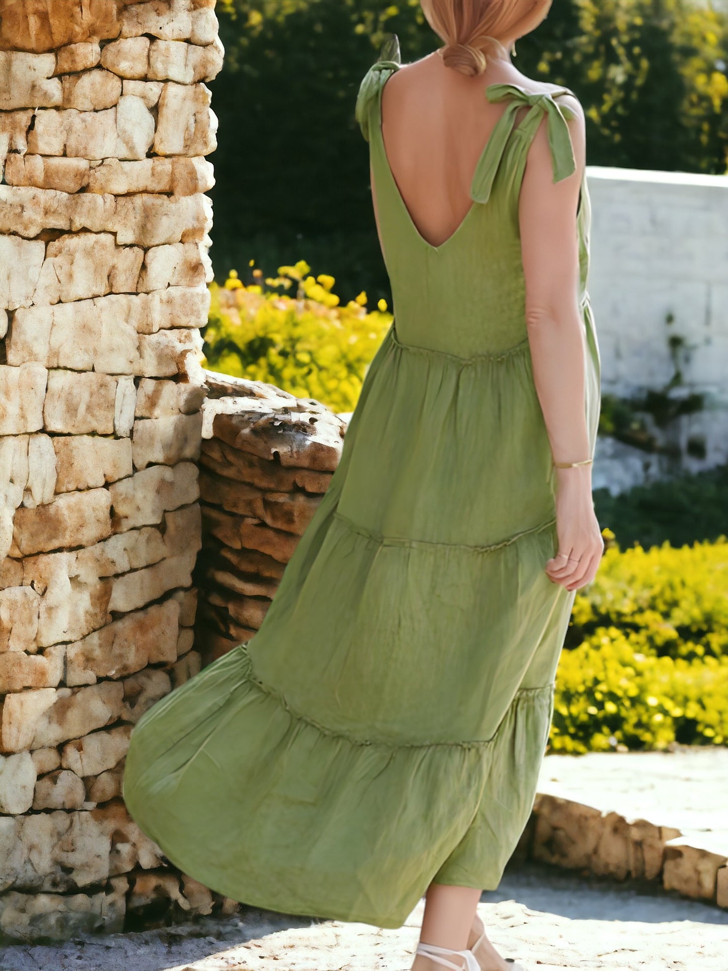 Vestido largo con volantes y mangas con lazo para mujer