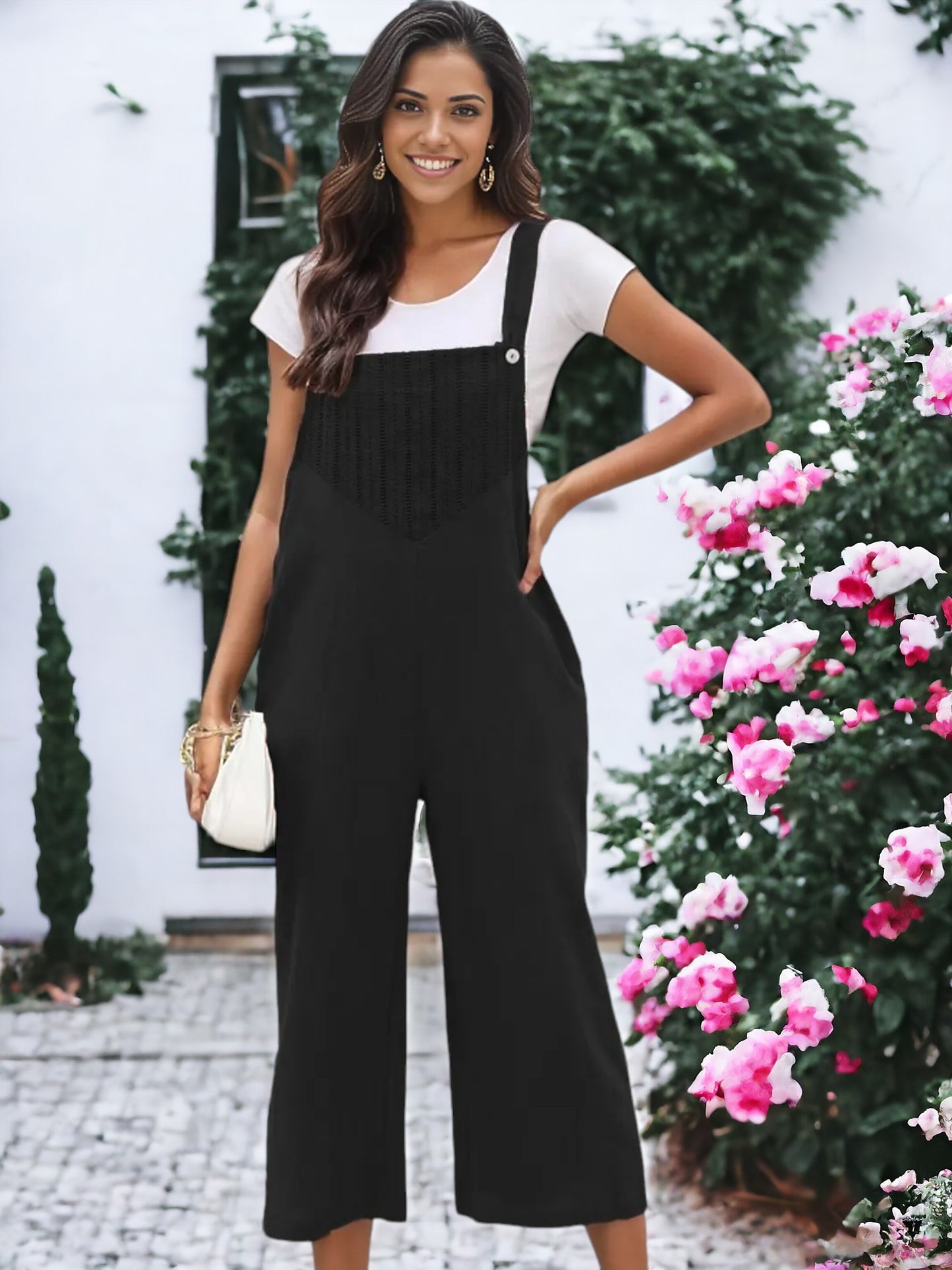 Solid Color Eyelet Detail Overalls