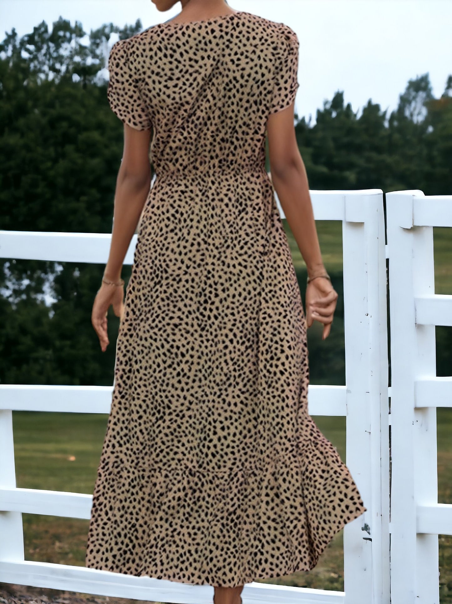 Mid-Length Gathered Waist Leopard Print Slit Midi Dress