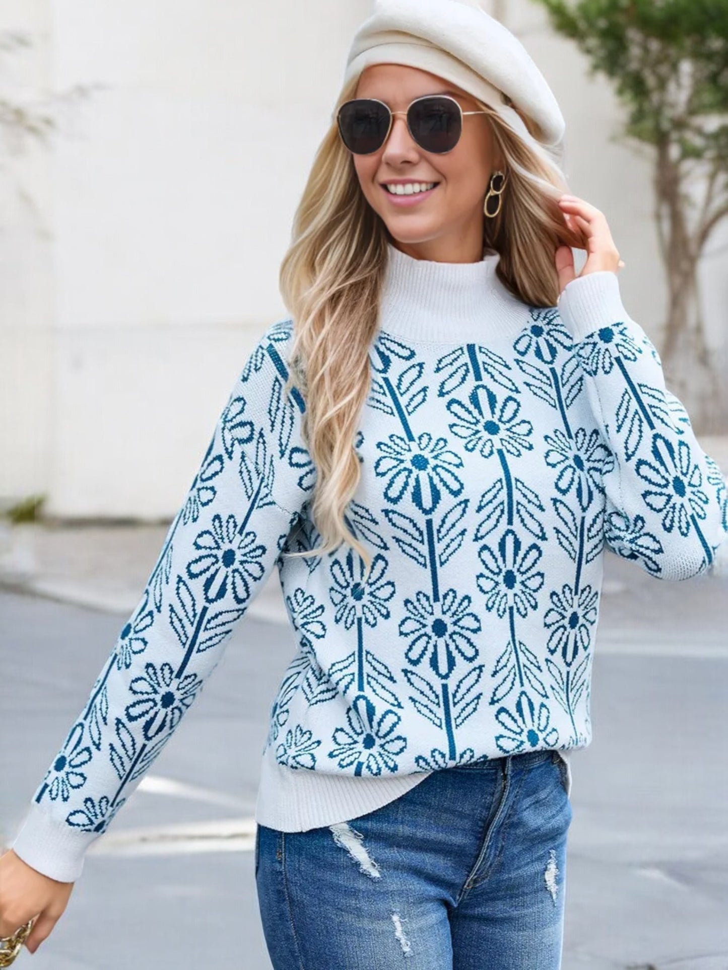Anna-Kaci Women's Mock Neck Long Sleeve Floral Pattern Knit Sweater
