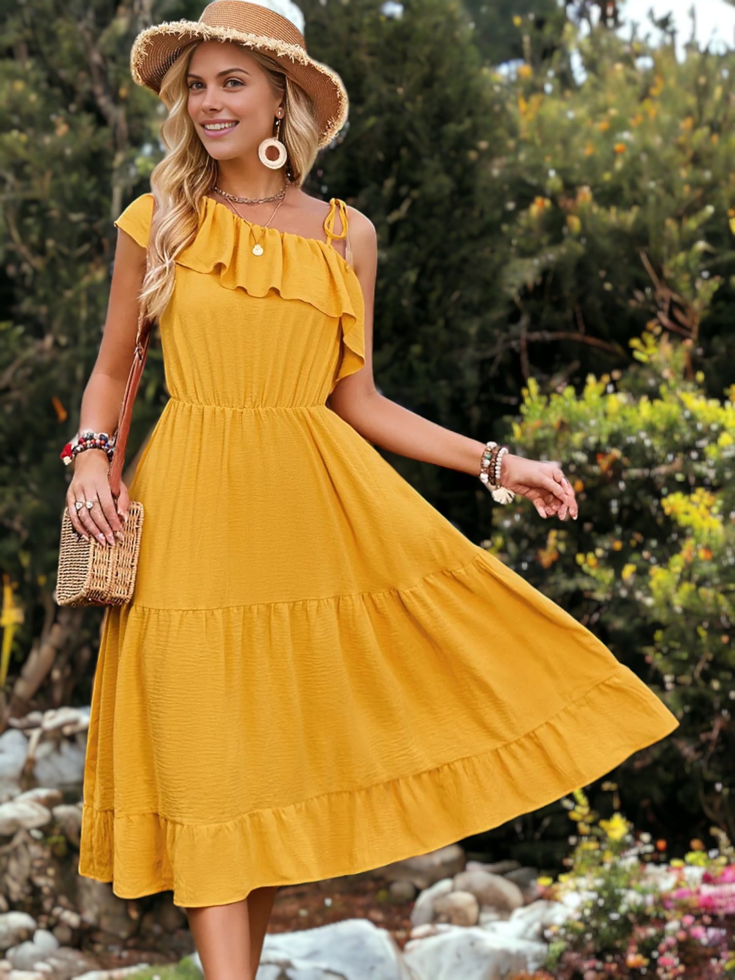 Asymmetric Shoulder Tie Detail Ruffle Midi Flared Dress