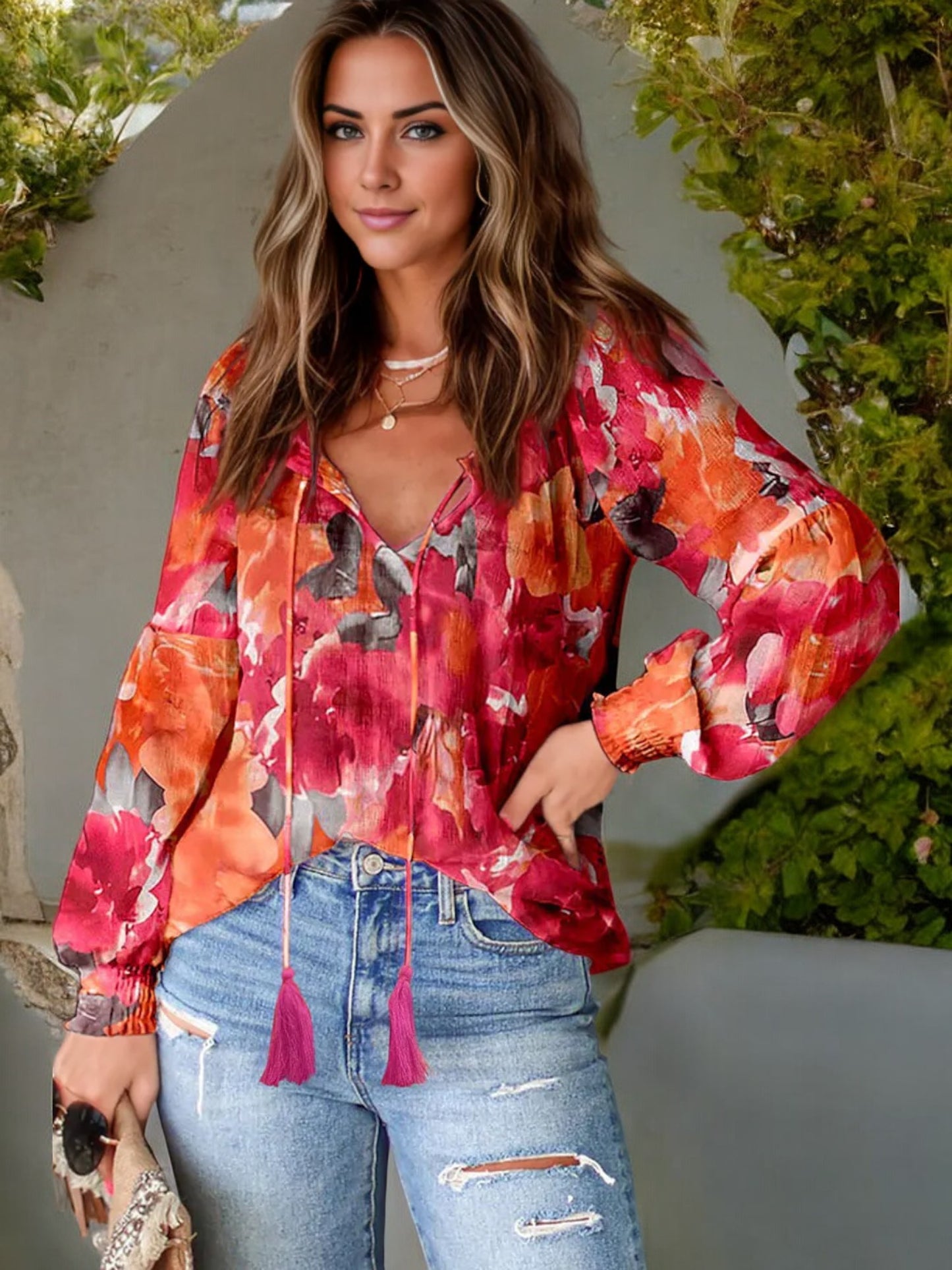 Blusa bohemia con estampado floral de manga larga y lazos con borlas para mujer de Anna-Kaci