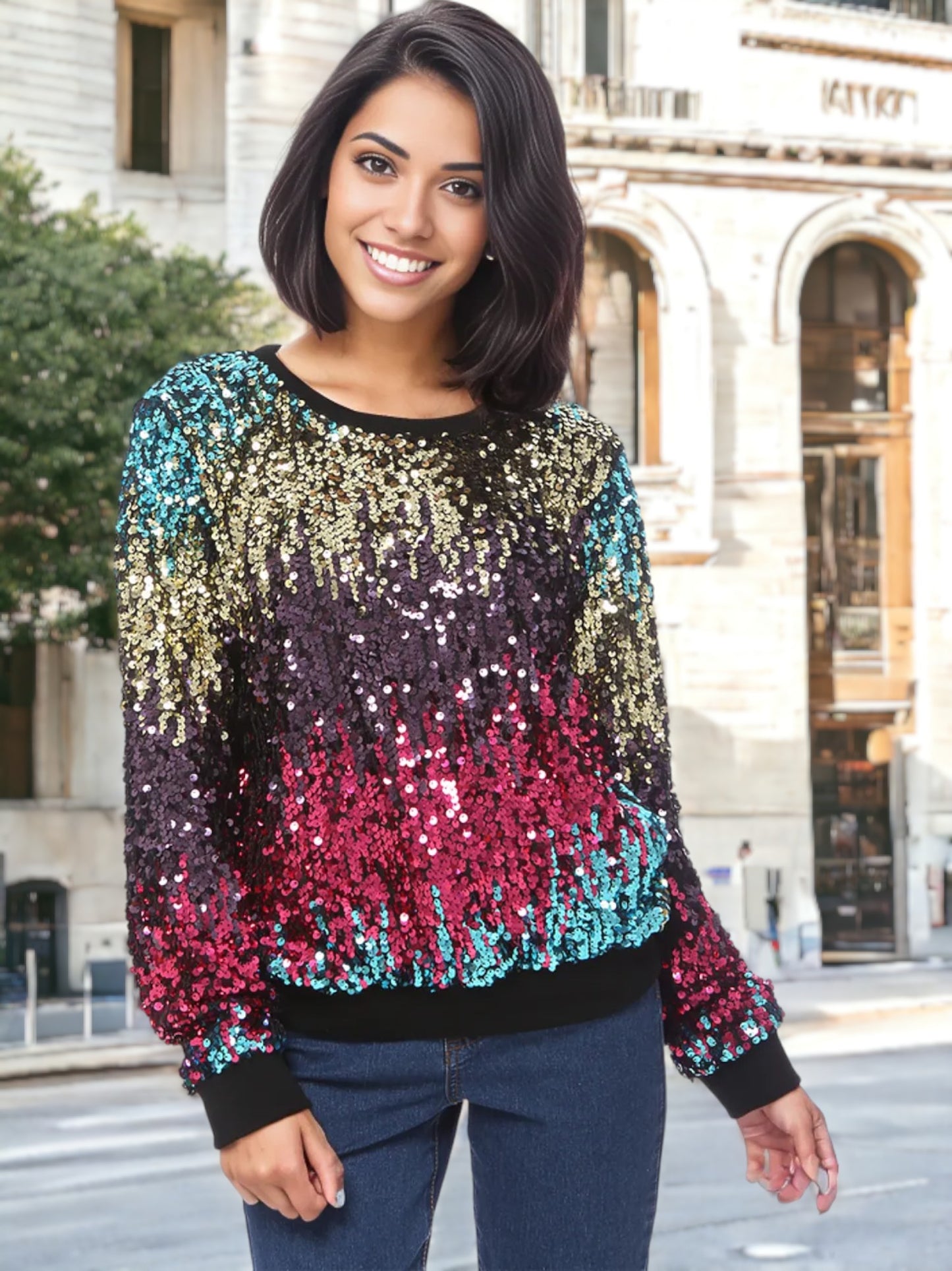 Sequin Sweatshirt Round Neck Long Sleeve Ribbed Cuffs Pullover