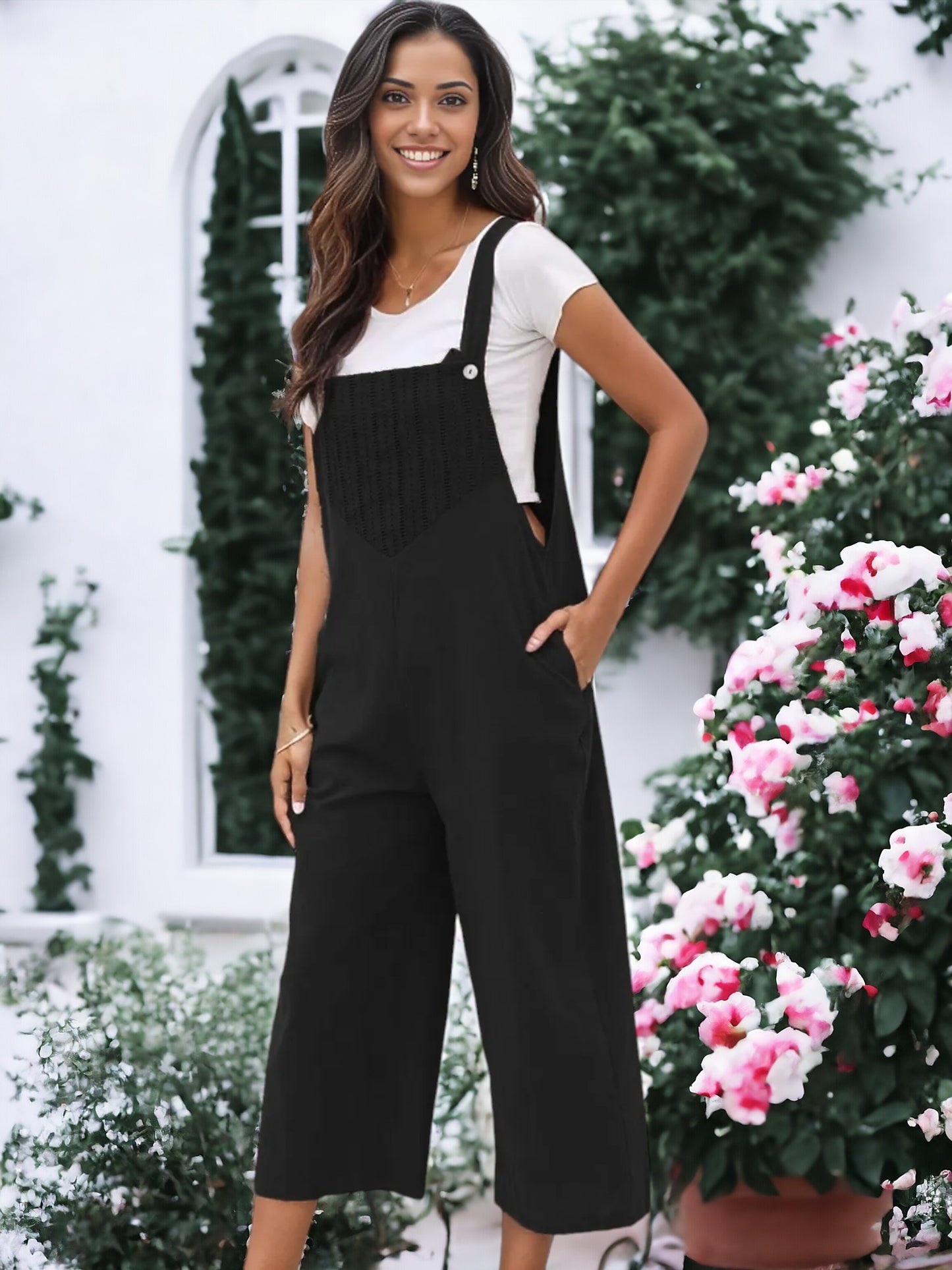 Solid Color Eyelet Detail Overalls