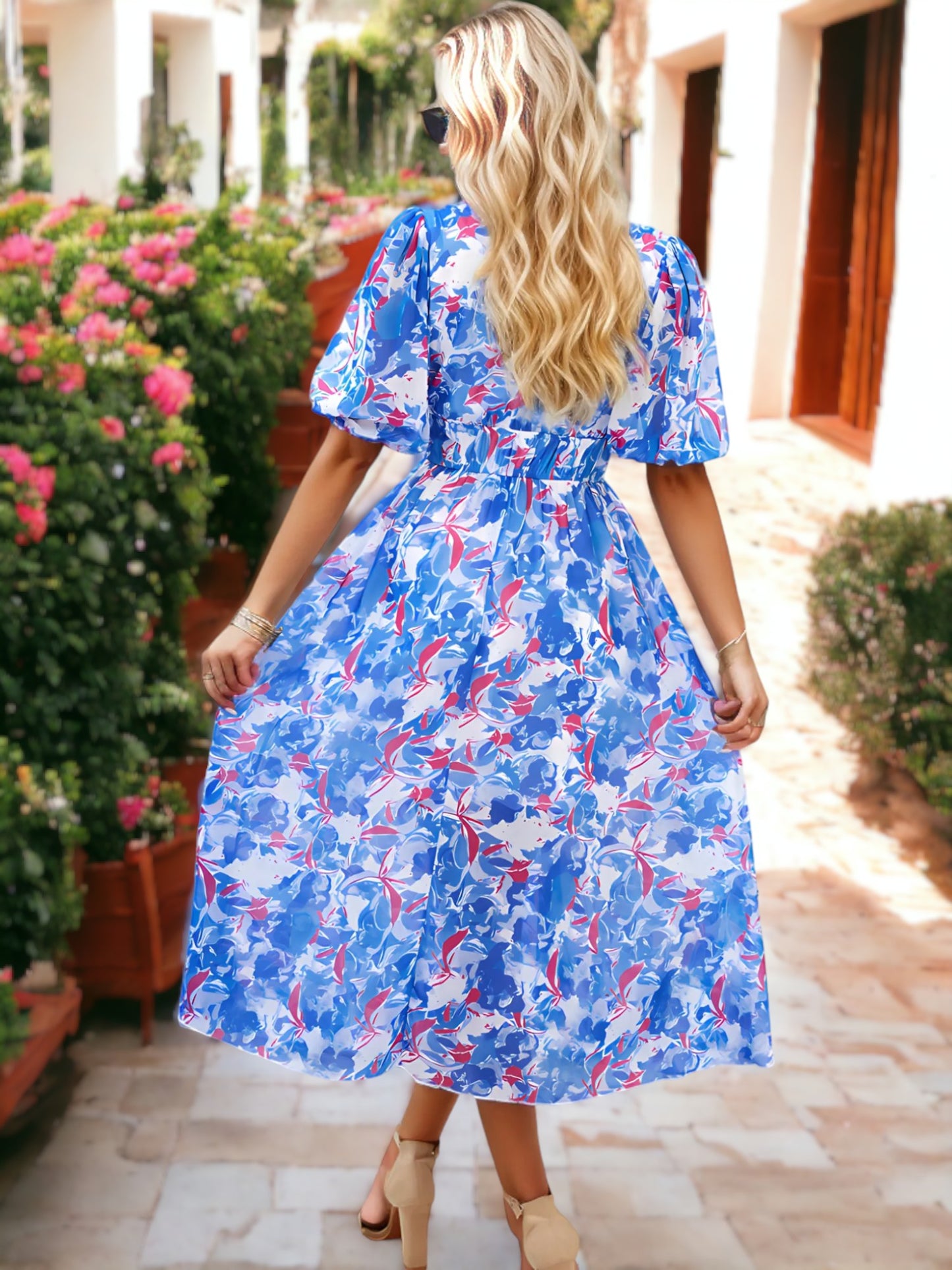 Casual Floral Printed V-Neck Puffed Sleeve Maxi Dress