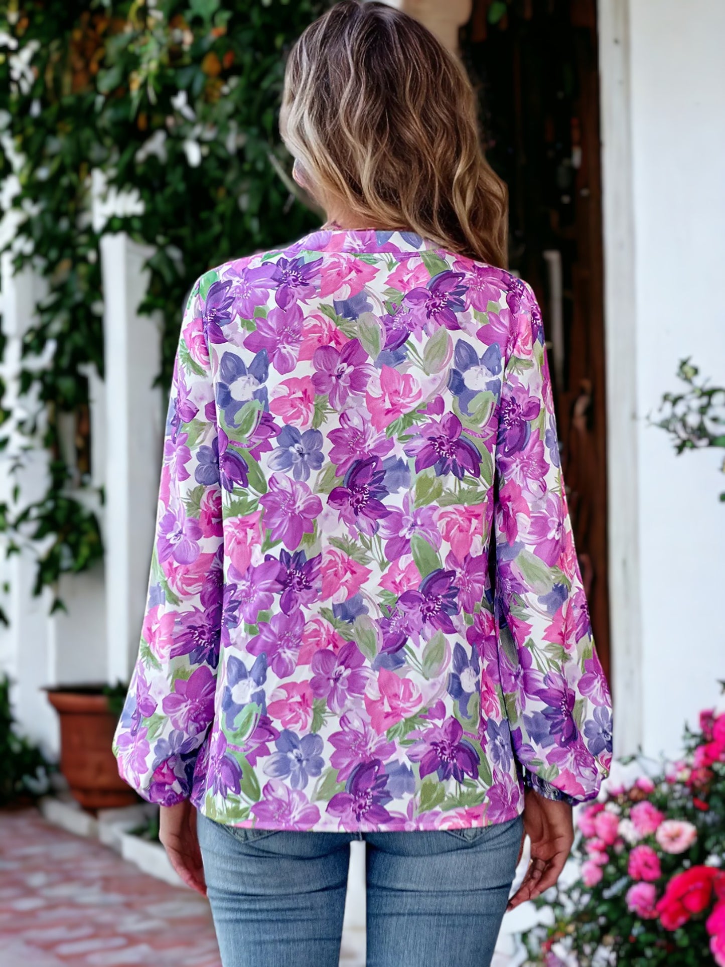 Split V Neck Multicolor Floral Blouse