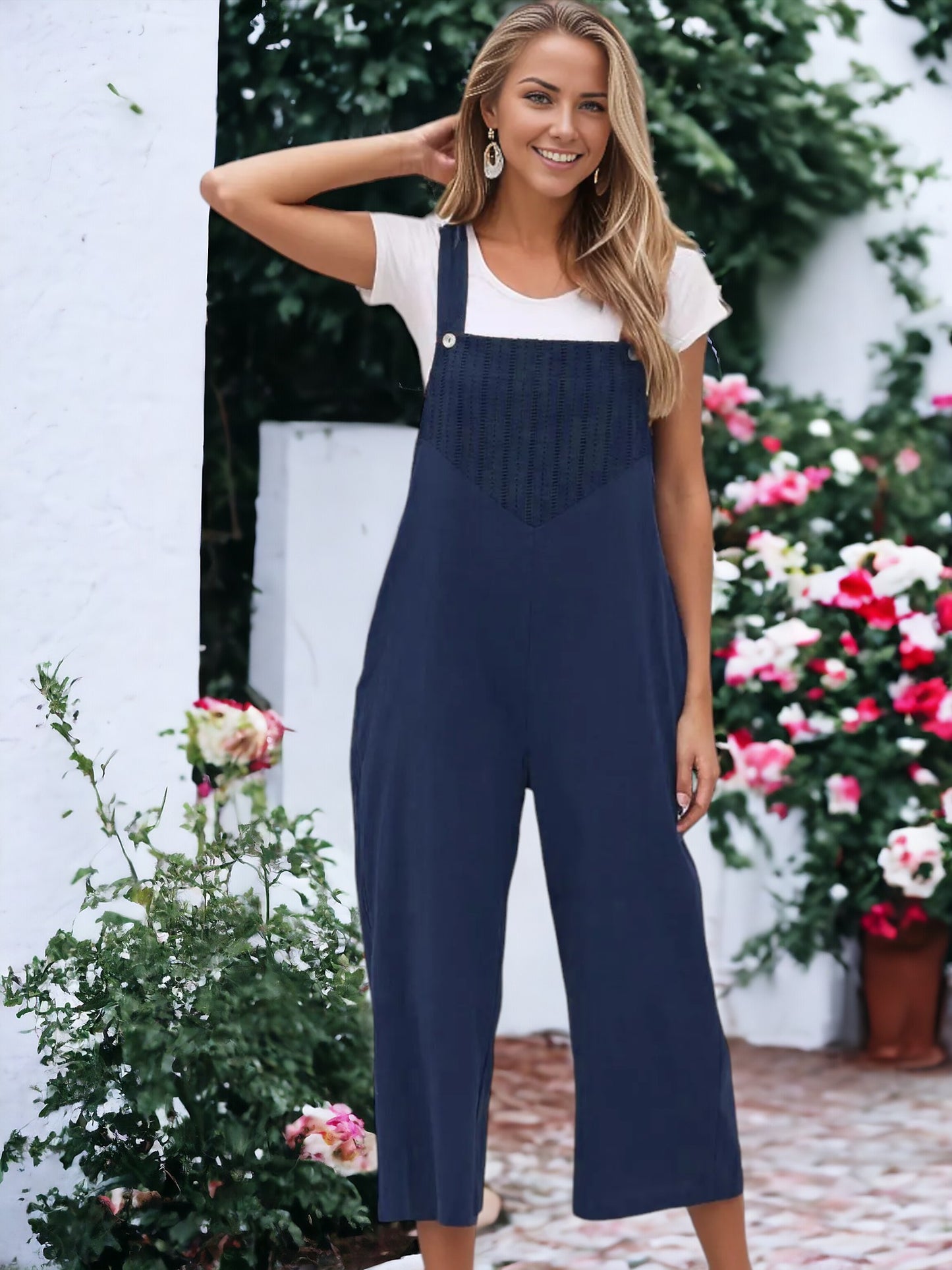 Solid Color Eyelet Detail Overalls