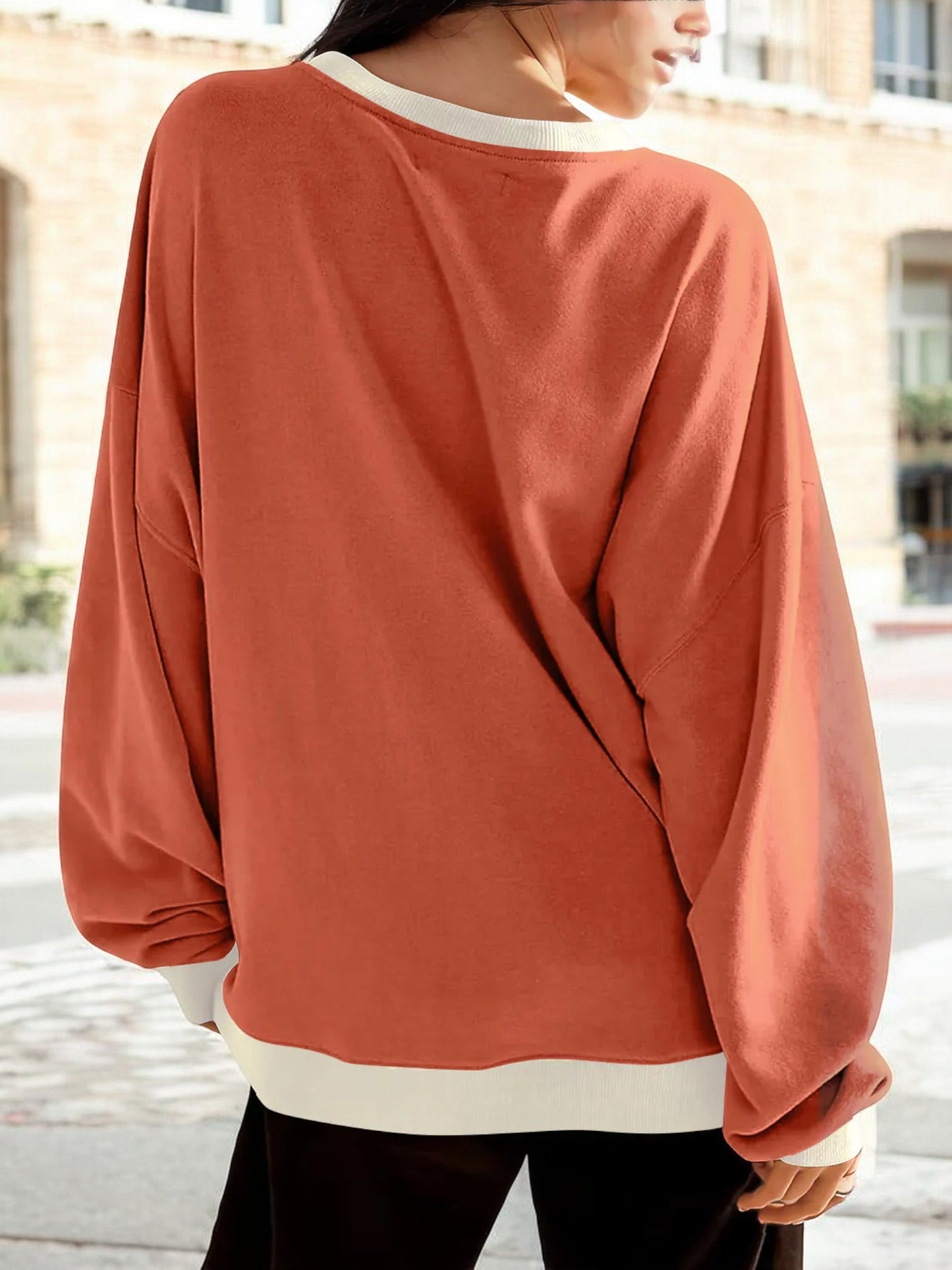Anna-Kaci Women's Contrast Trim Crew Neck Sweatshirt with Long Sleeves and Relaxed Fit