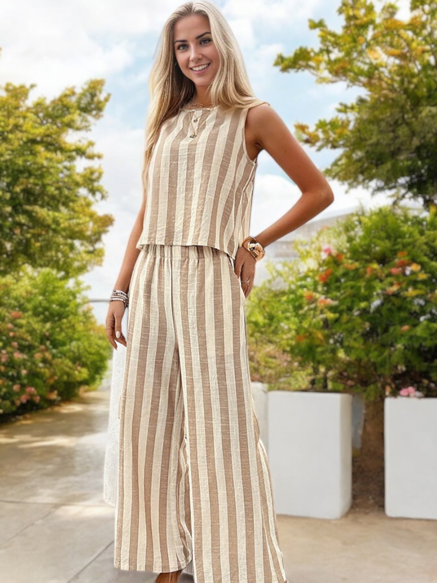 Anna-Kaci Women's Sleeveless Striped Top and Wide-Leg Pants Two-Piece Set