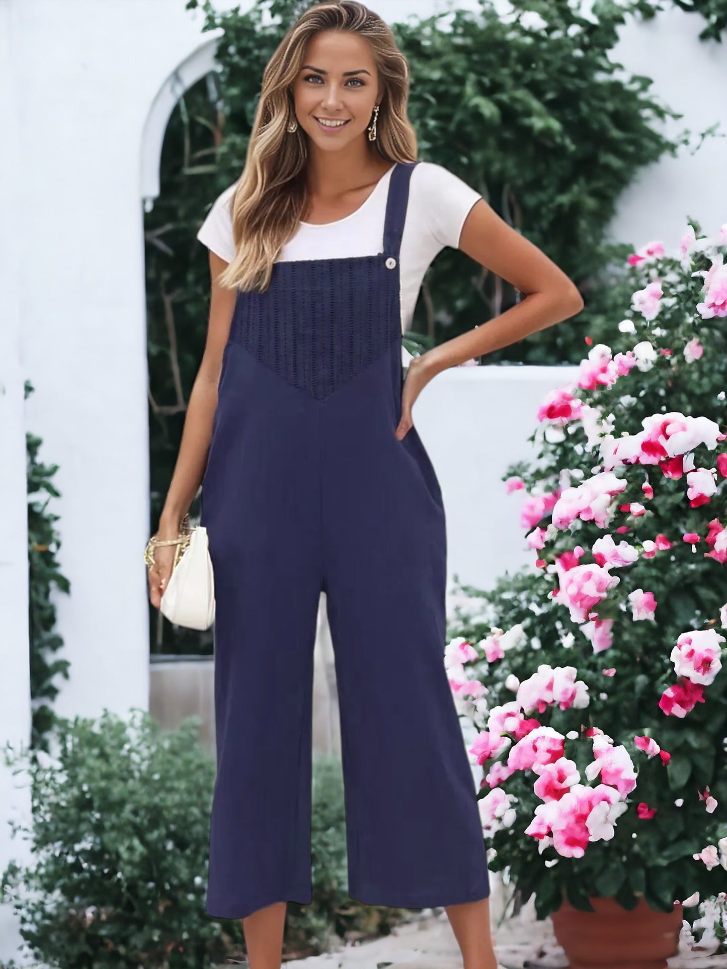 Solid Color Eyelet Detail Overalls