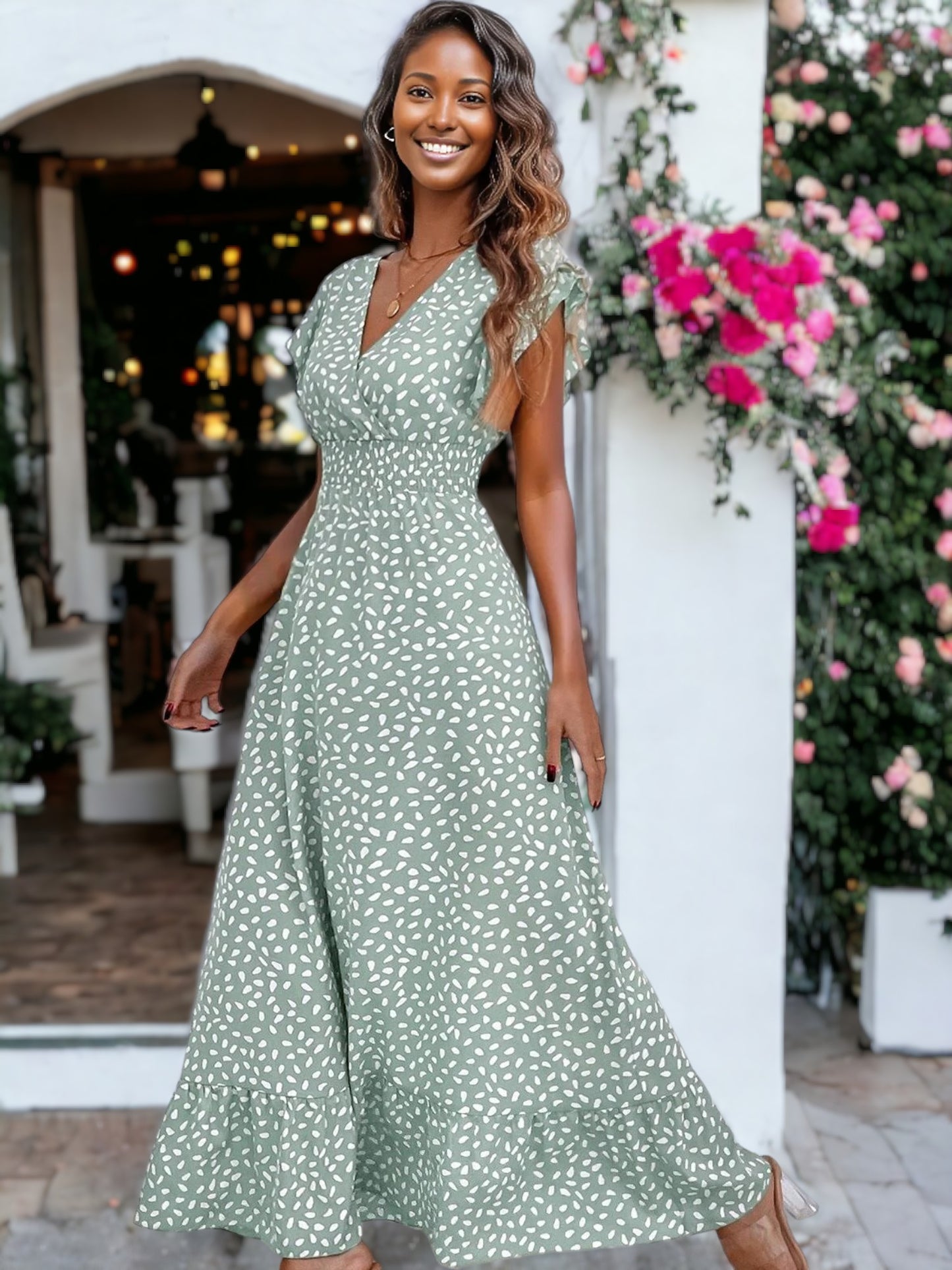 Abstract Print Shirred Waist Maxi Dress