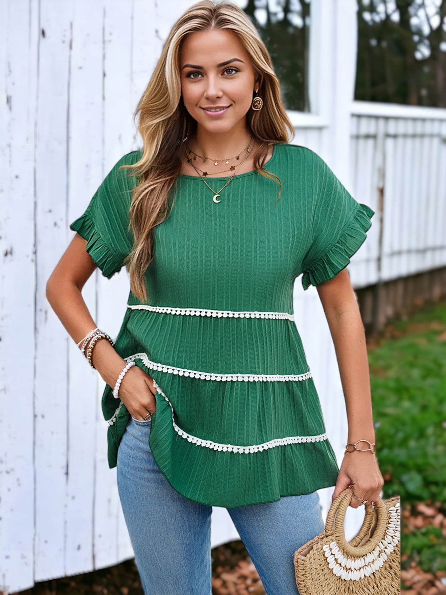 Round Neck Ruffle Sleeved Loose Blouse