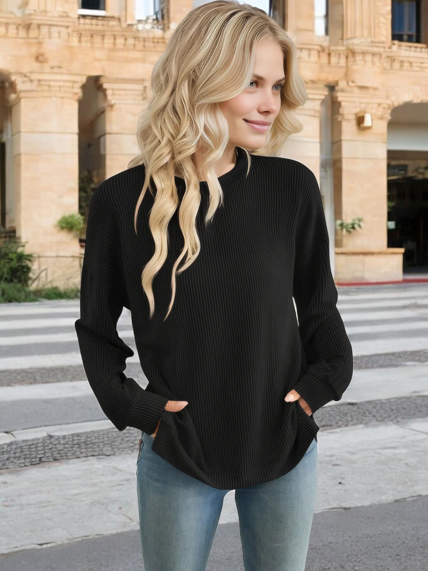 Anna-Kaci Women's Oversized Long Sleeve Knit Top with Ribbed Texture