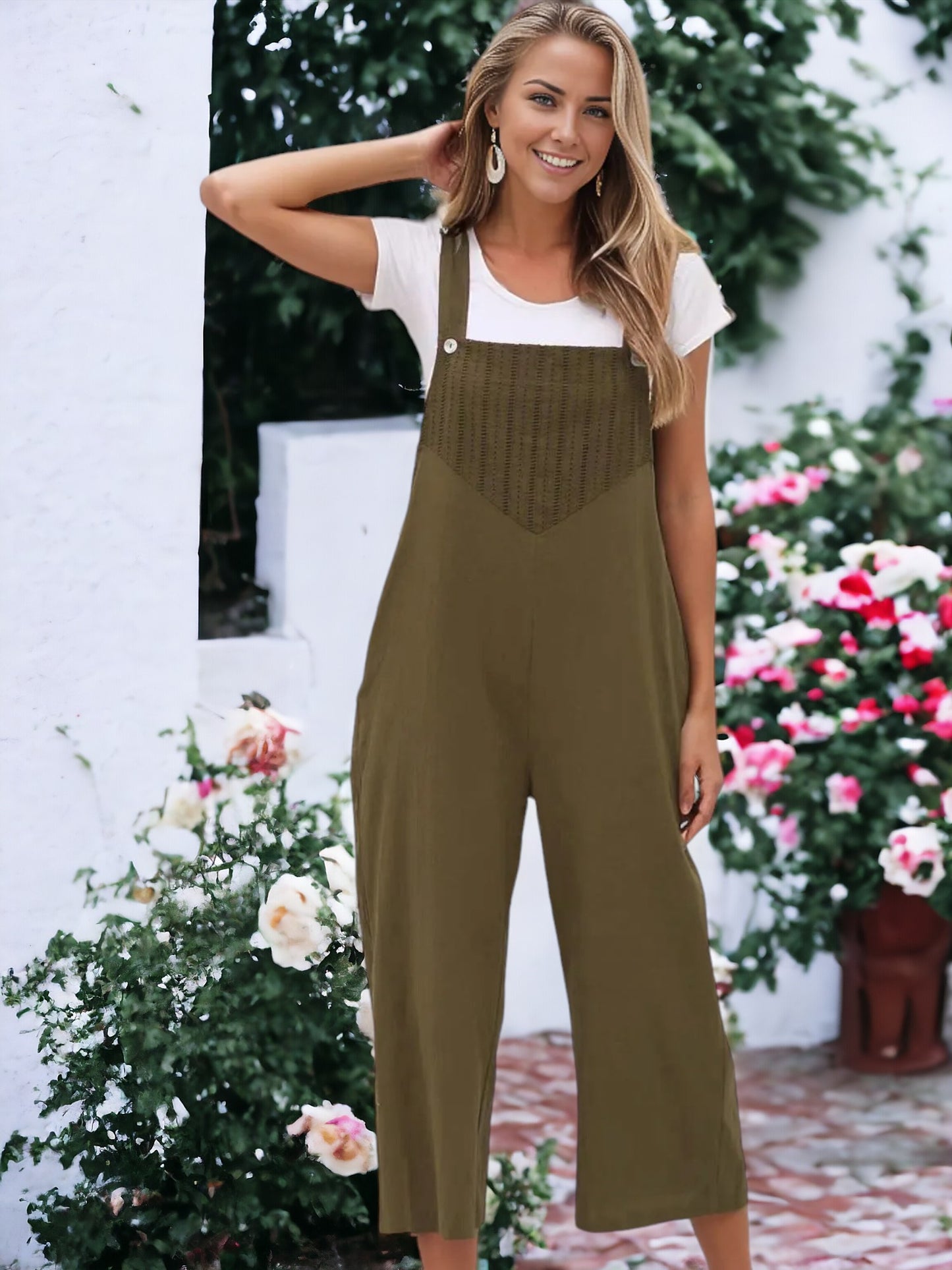Solid Color Eyelet Detail Overalls