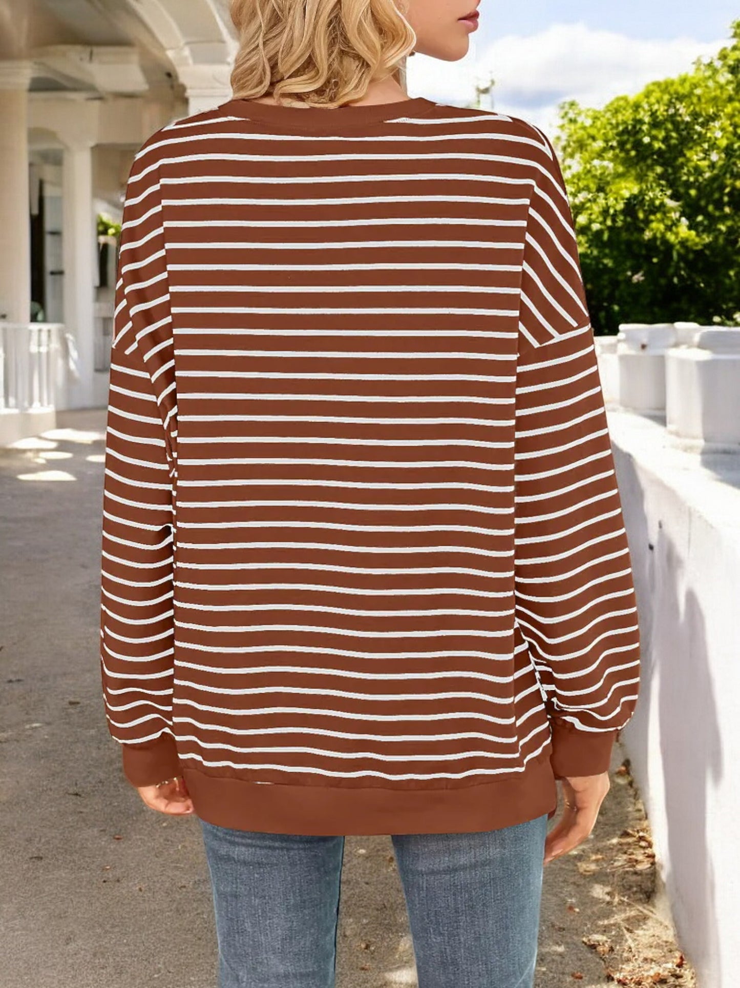 Anna-Kaci Women's Striped Long Sleeve Crew Neck Top with Drop Shoulder Design