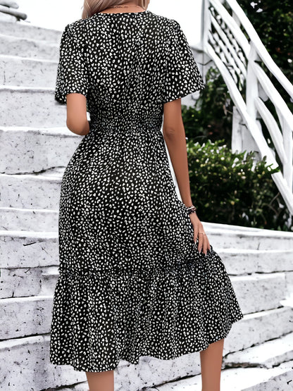 Leopard Printed Short Sleeve Smock Waist Midi Dress