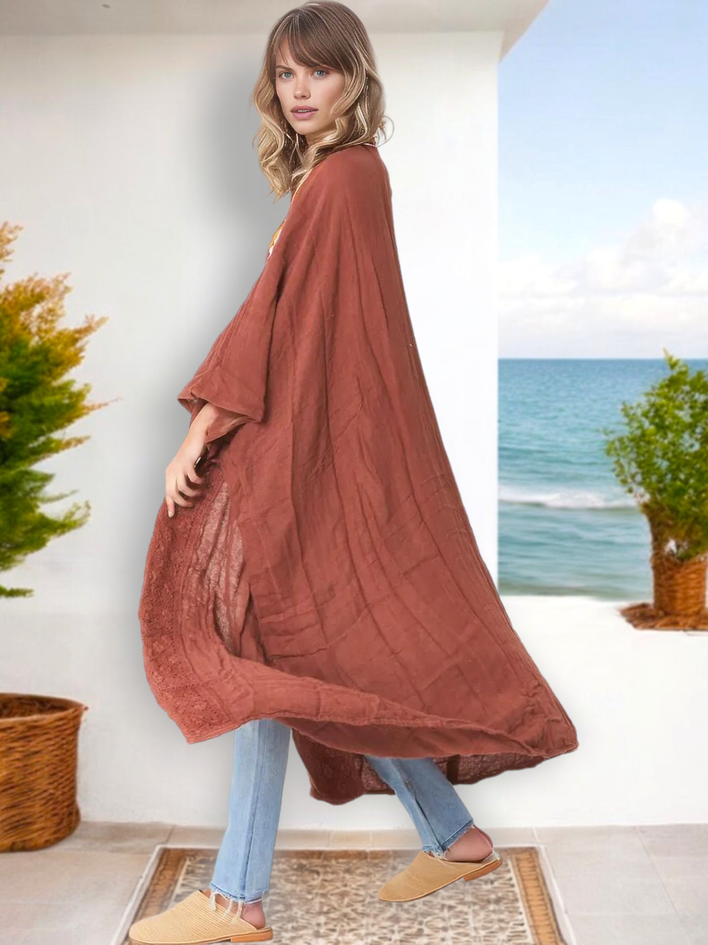 Kimono ligero, holgado, abierto al frente y con mangas anchas para mujer de Anna-Kaci