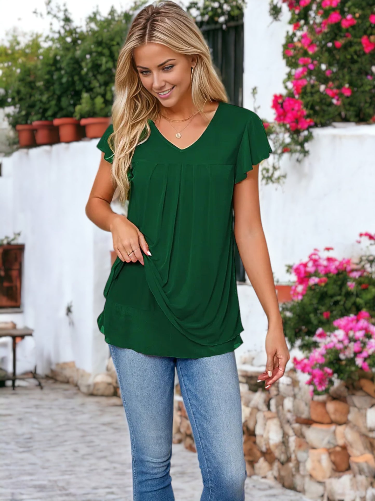 V-Neck Flutter Sleeved Two Layer Mesh Detail Blouse