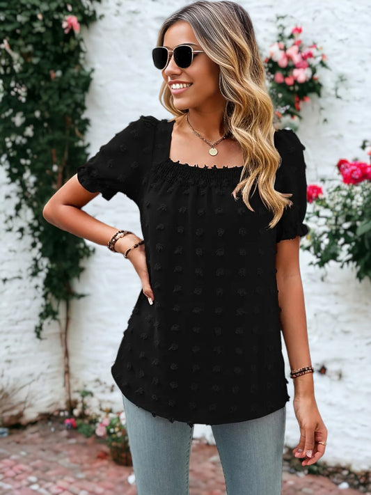 Shirred Square Neck Puff Sleeve Blouse