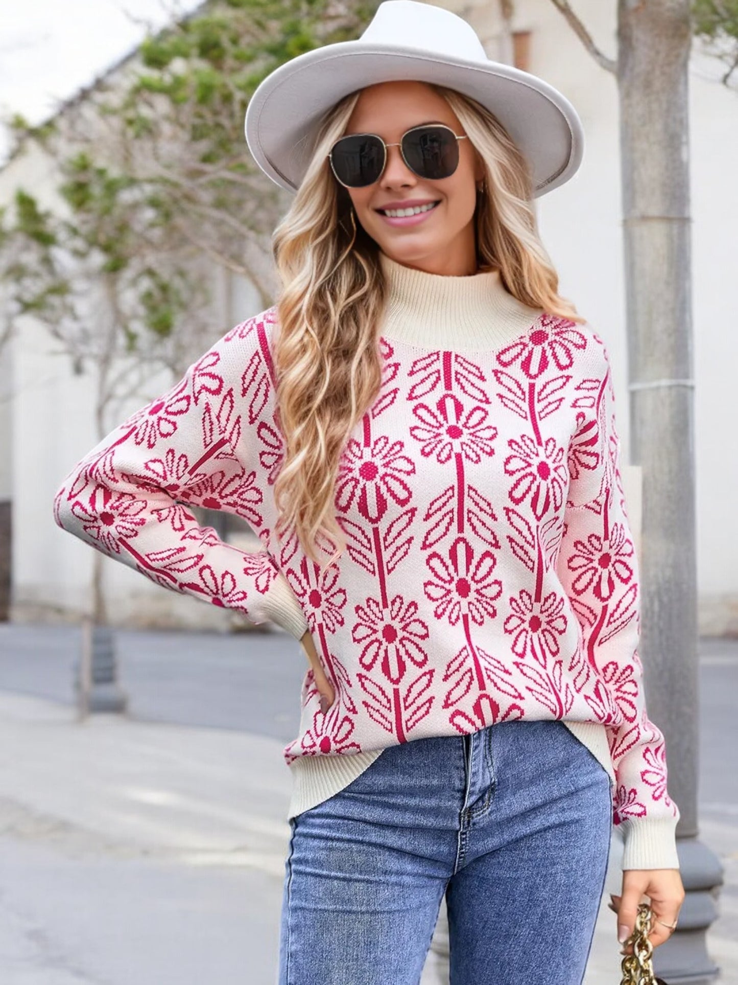 Anna-Kaci Women's Mock Neck Long Sleeve Floral Pattern Knit Sweater