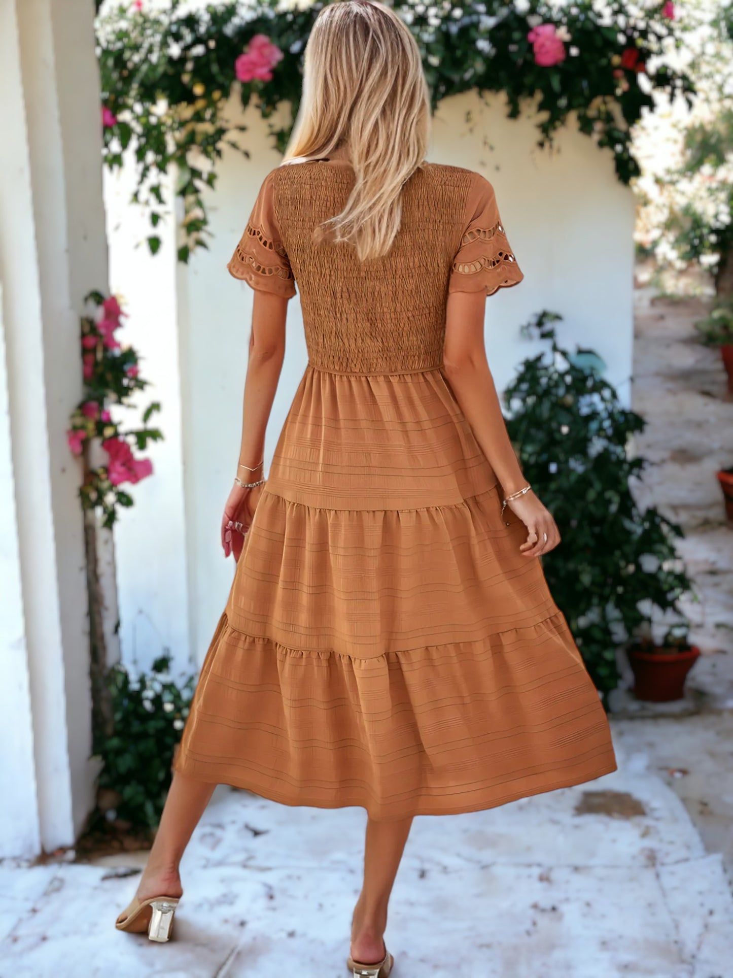 Solid Color Hallow Eyelet Sleeve Tier Midi Dress