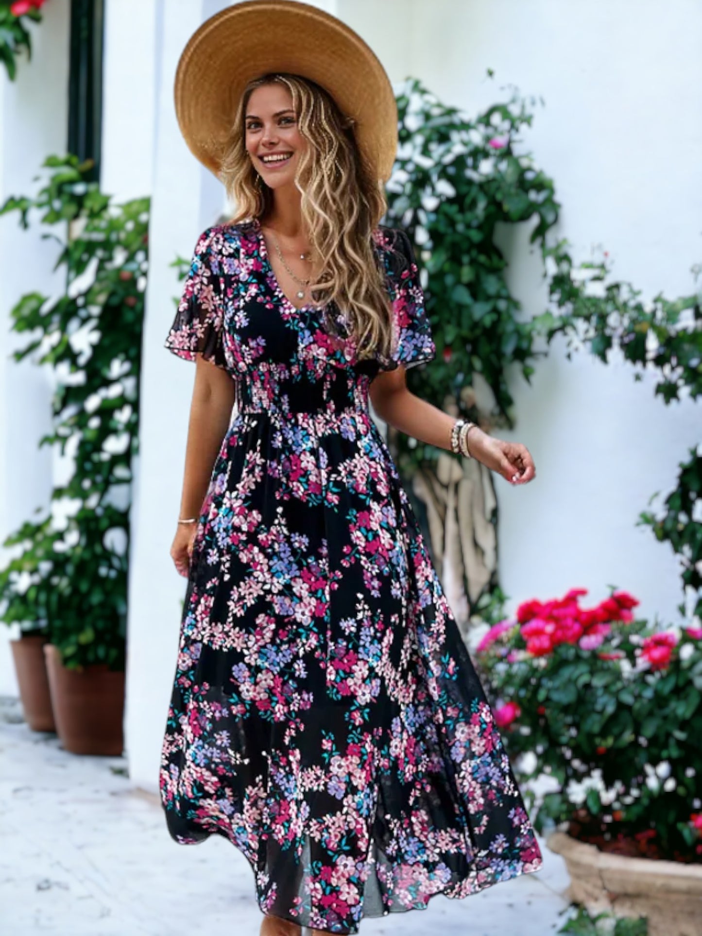 Vestido maxi fruncido de manga corta con estampado floral