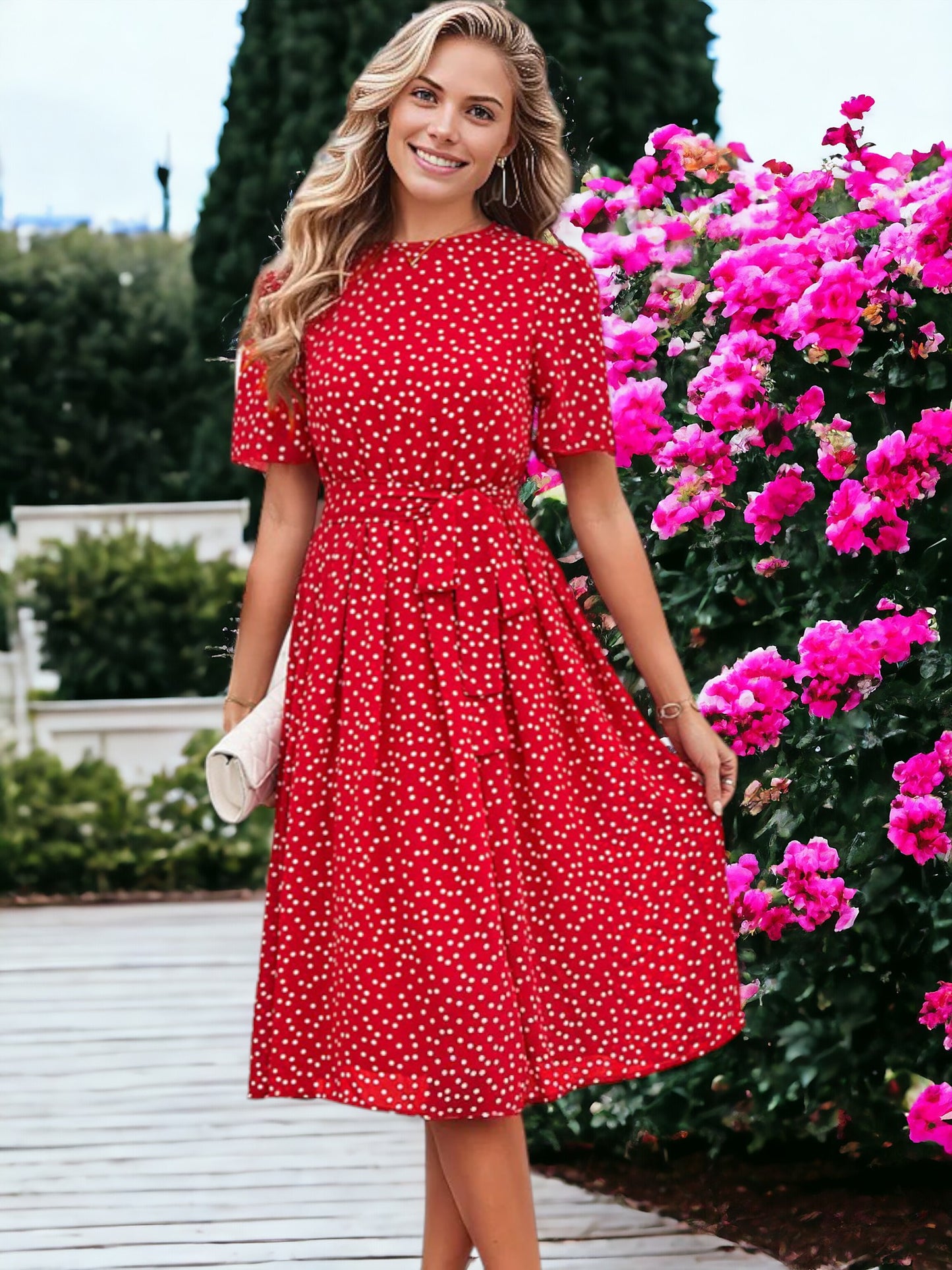 Printed Round Neck Short Sleeved Waist Tie Dress