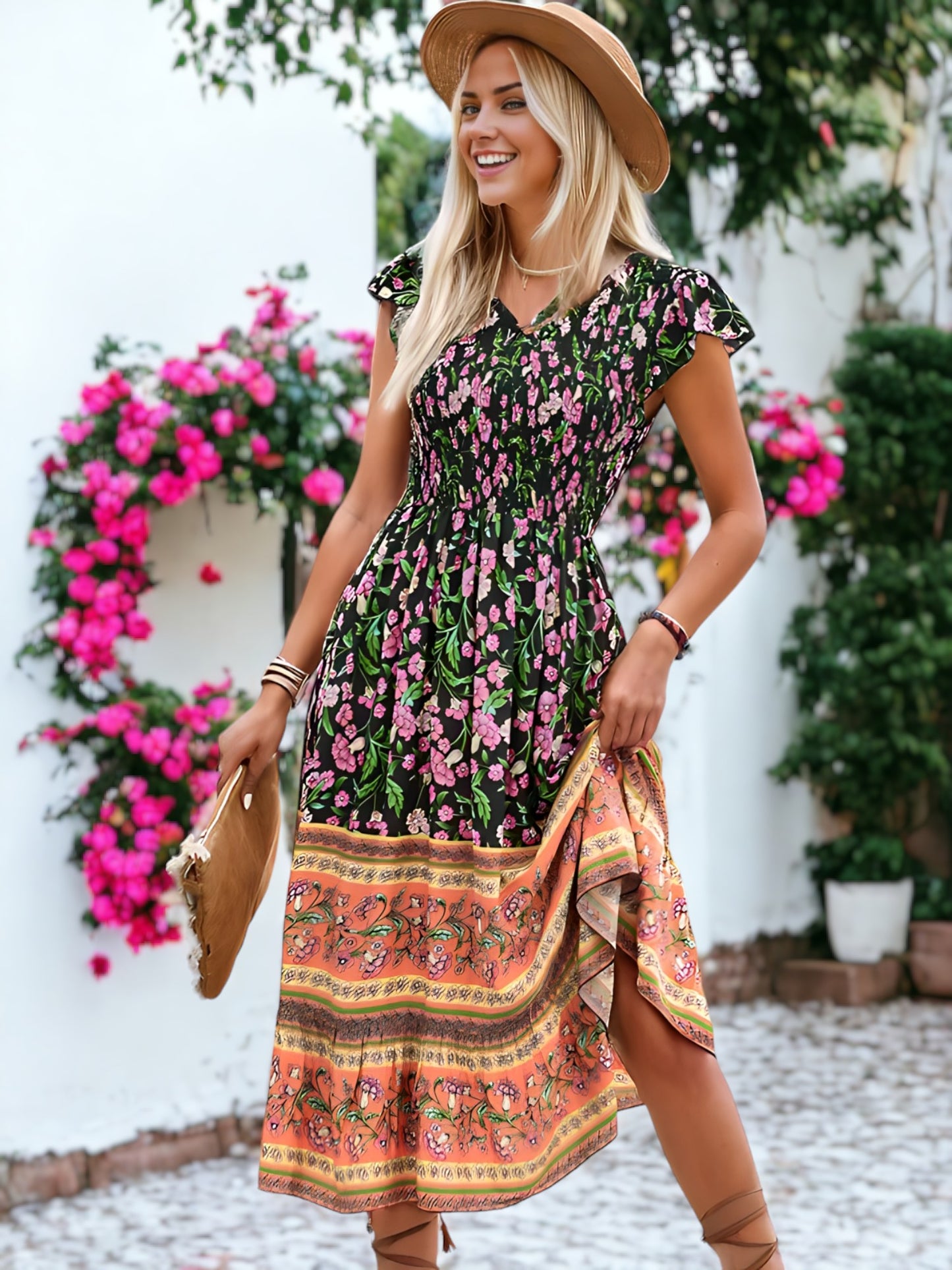 Bohemian Printed V-Neck Smocked Chest Flared Midi Dress