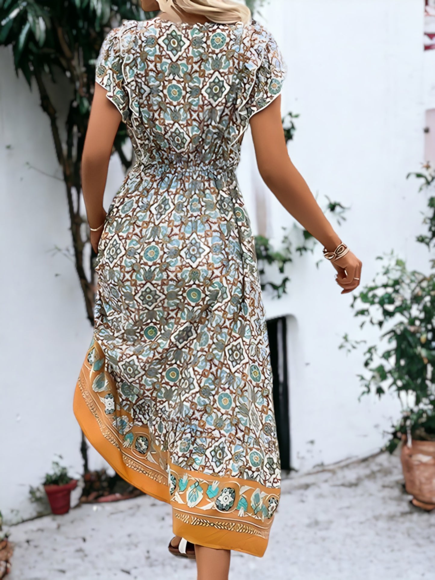 V Neck Flutter Sleeve Bohemian Dress