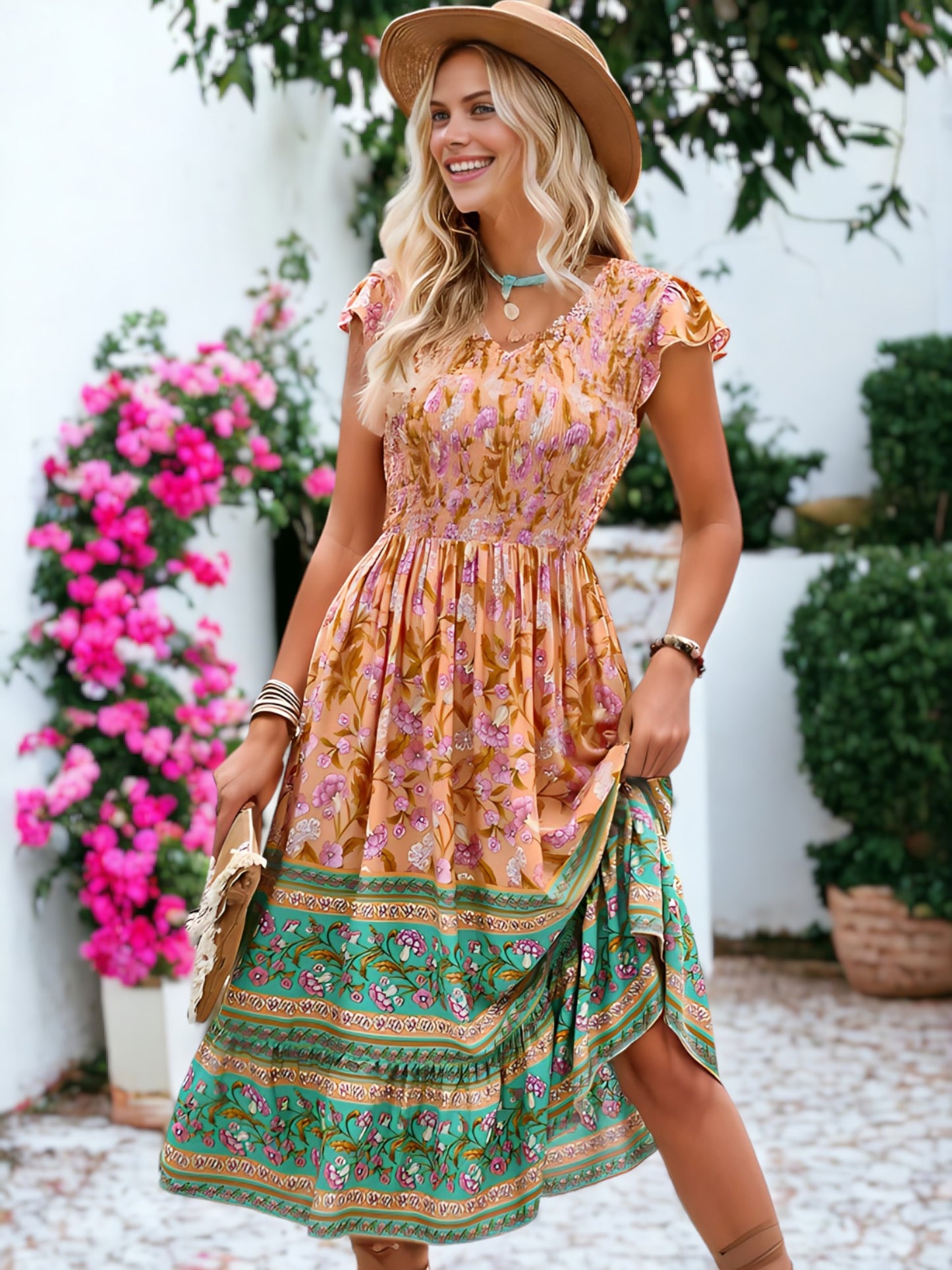 Bohemian Printed V-Neck Smocked Chest Flared Midi Dress