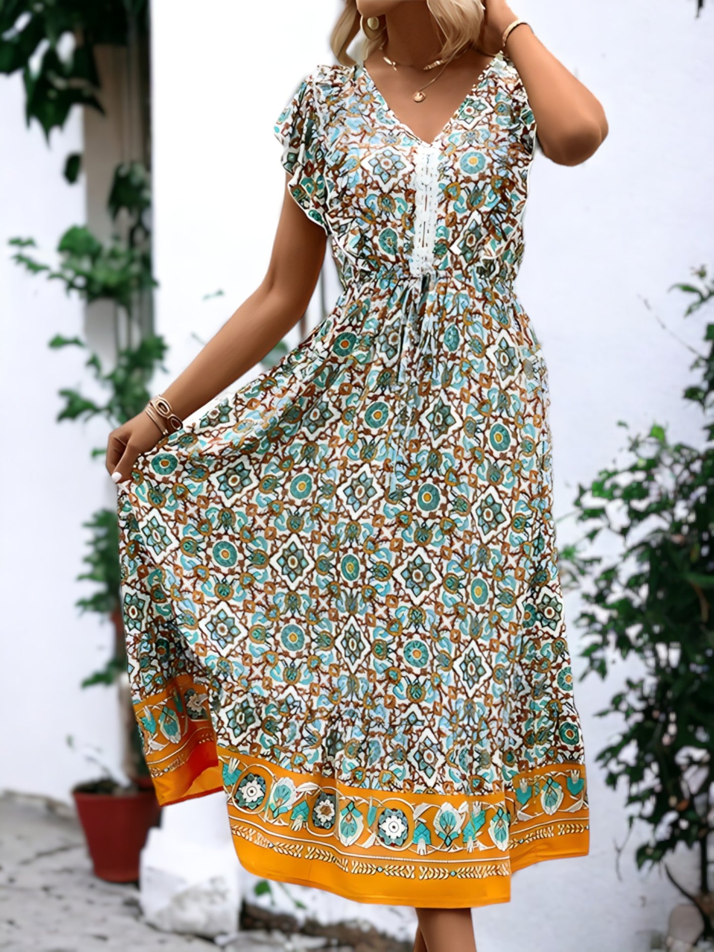 V Neck Flutter Sleeve Bohemian Dress