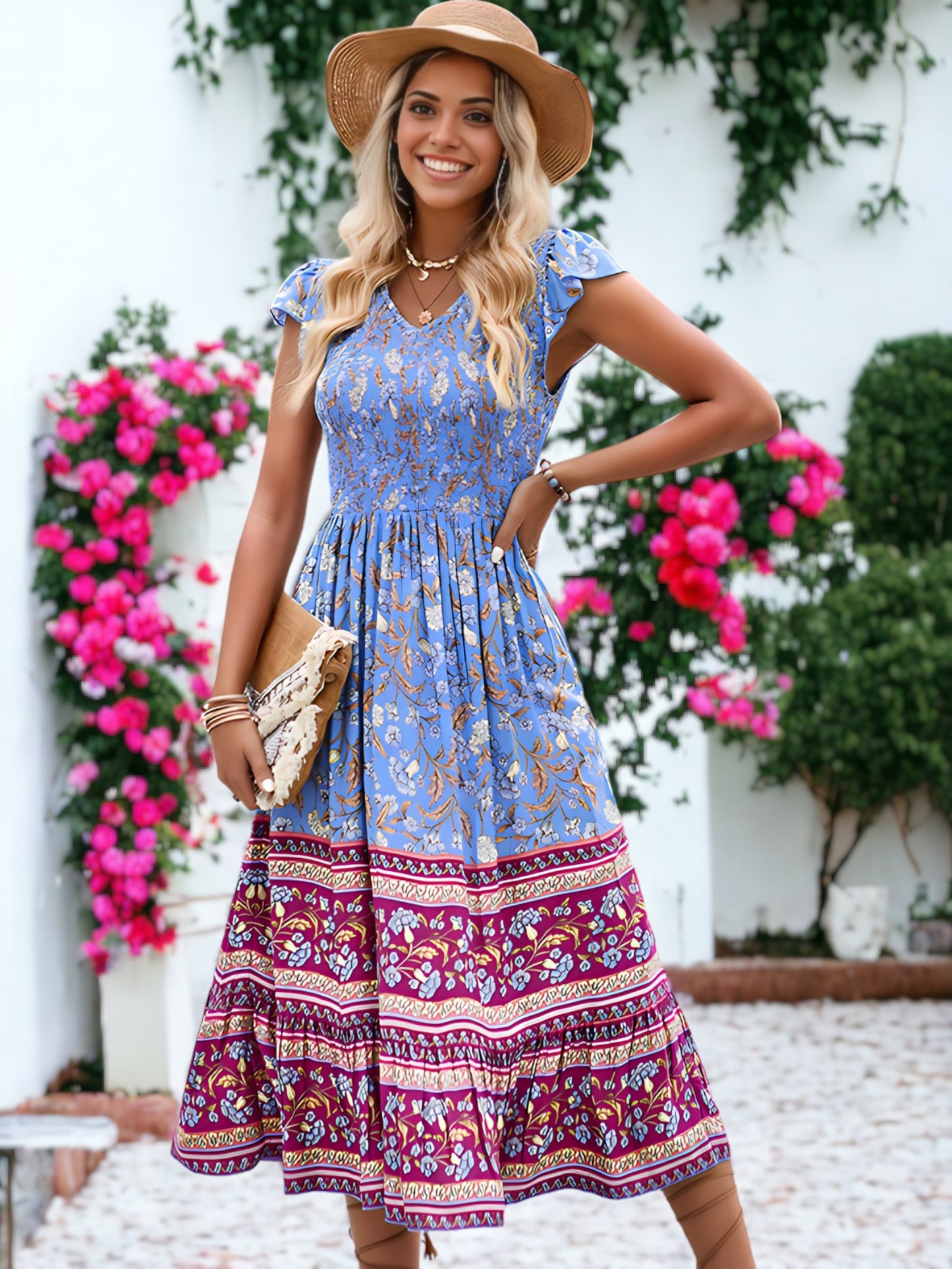 Bohemian Printed V-Neck Smocked Chest Flared Midi Dress