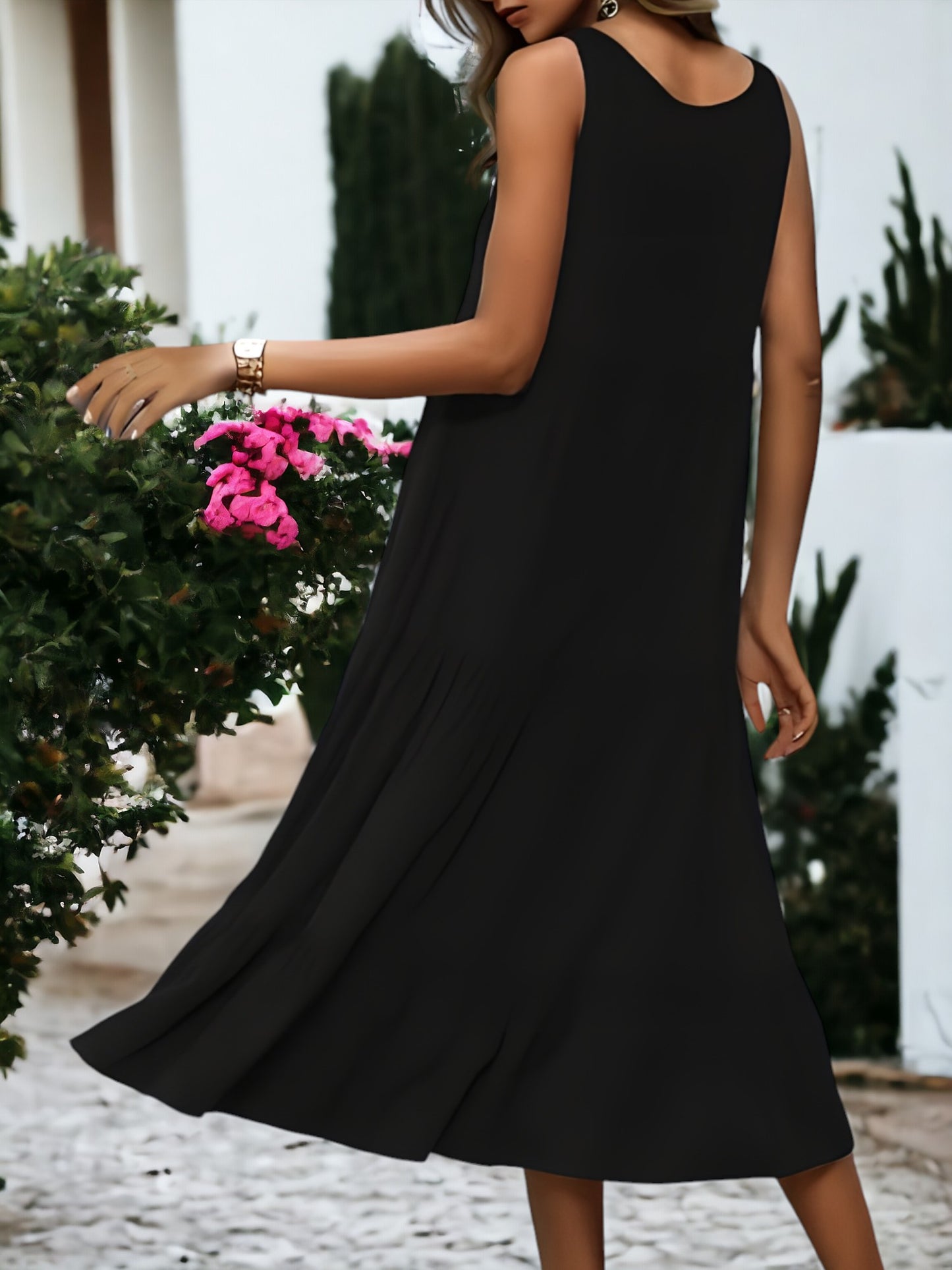 Vestido midi sin mangas con botones en la parte delantera, corte A y capas