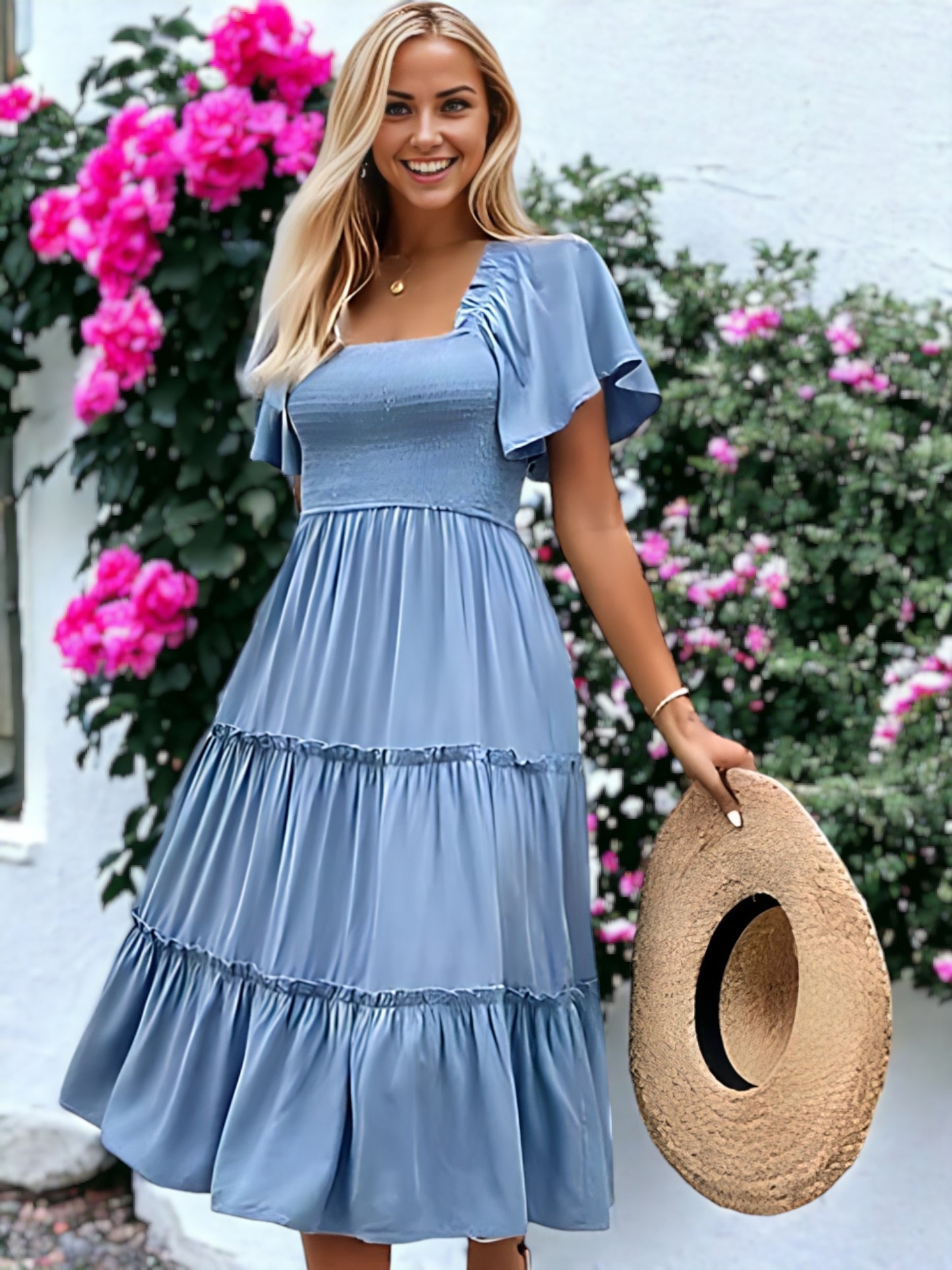 Shirred Square Neck Flutter Sleeve Dress
